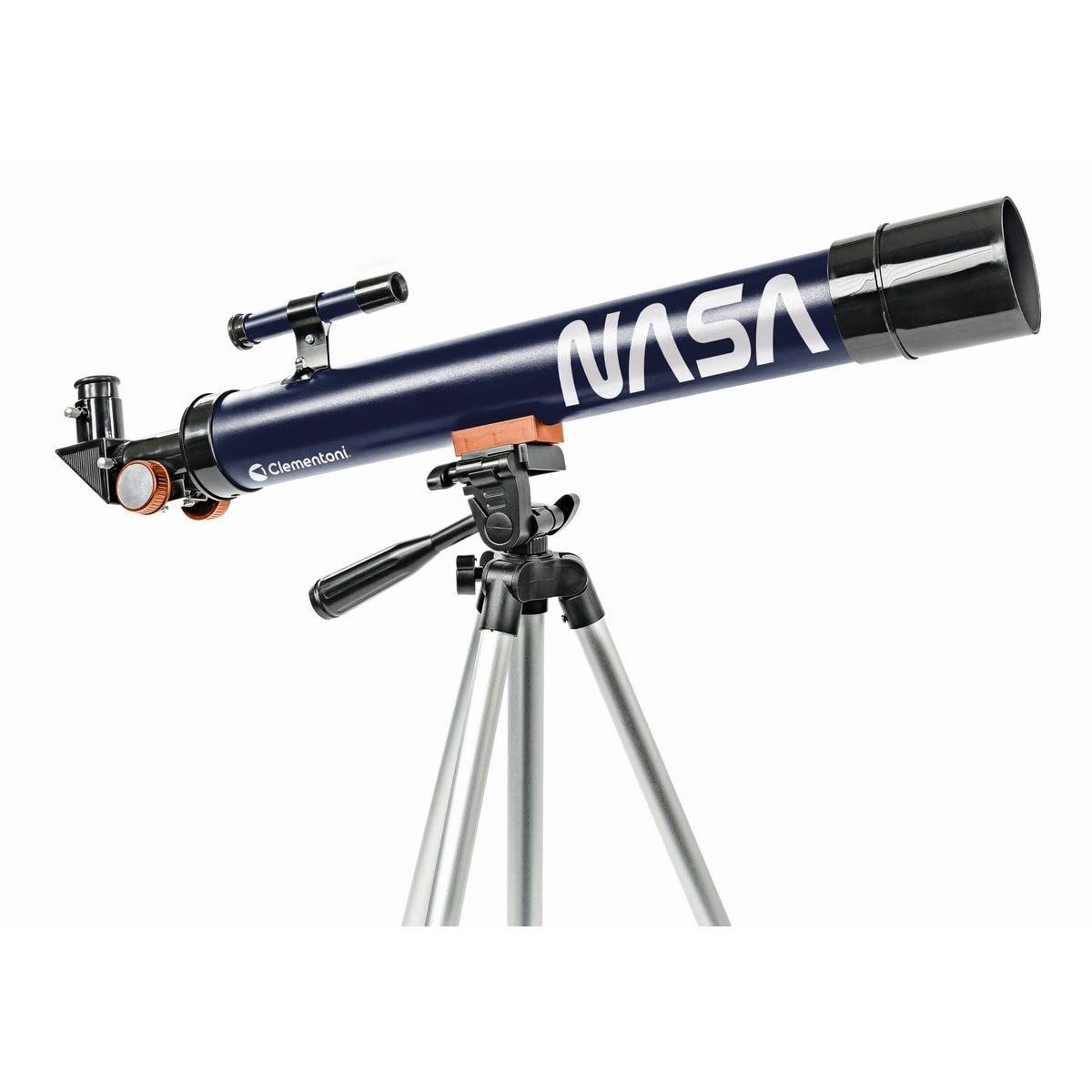 Un telescopio blu scuro con logo NASA su treppiede argentato.
