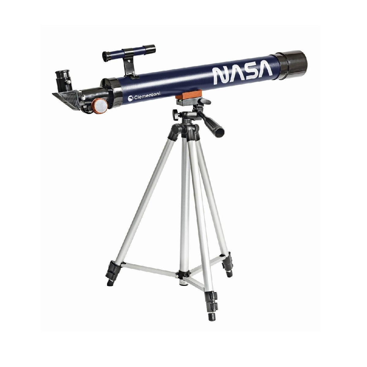Un telescopio blu scuro della NASA su un treppiede argentato su sfondo bianco.
