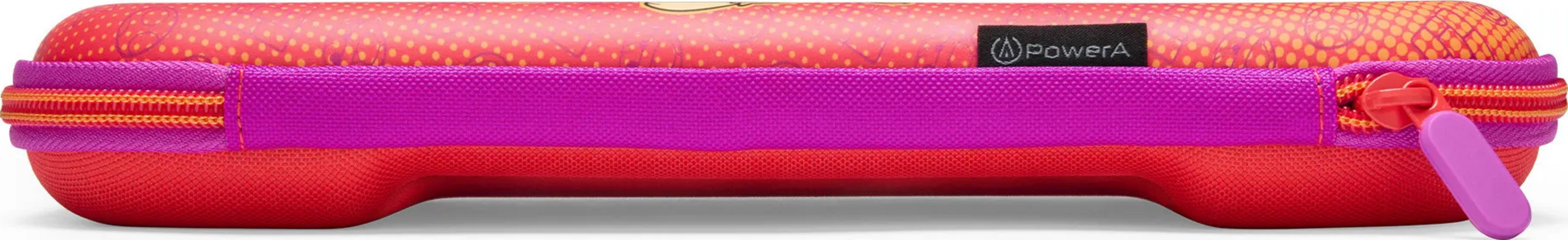 Una custodia rossa con cerniera rosa e pois gialli.