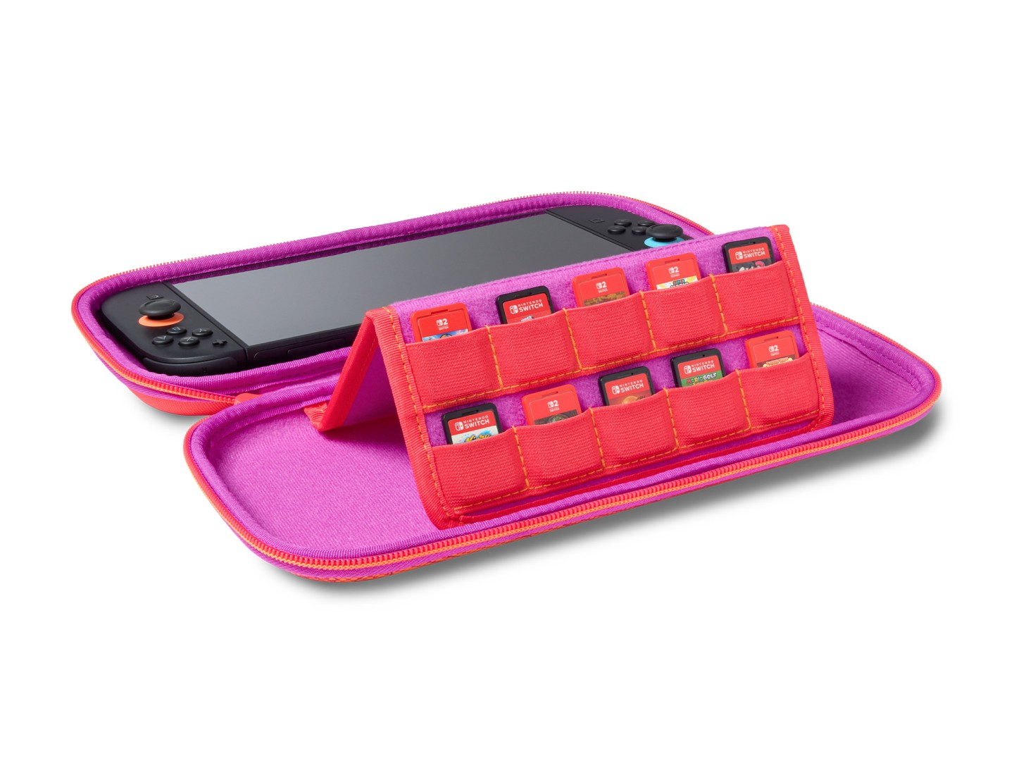 Una custodia rosa per Nintendo Switch con giochi e console.