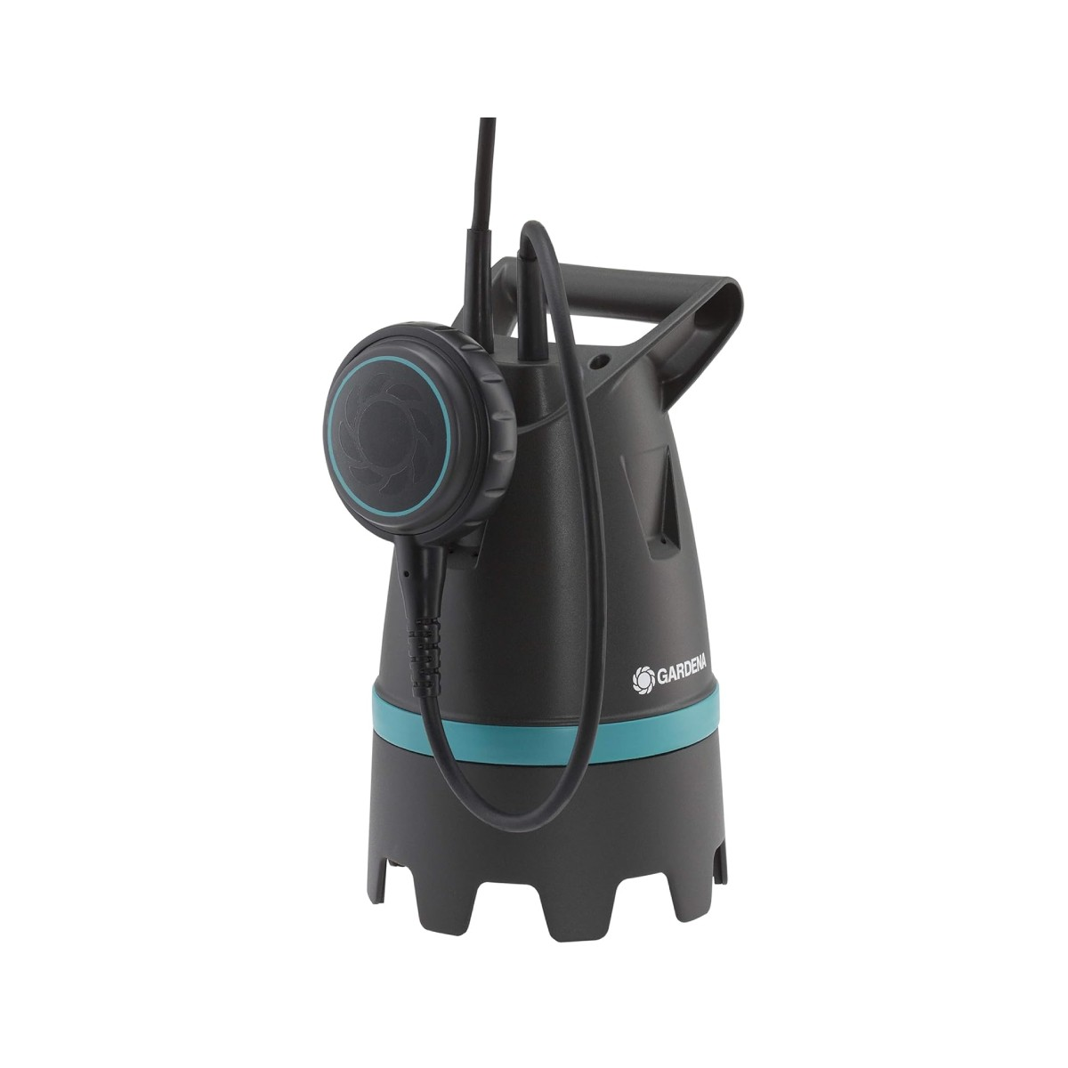 Pompa sommersa nera con anello blu e logo Gardena, isolata.