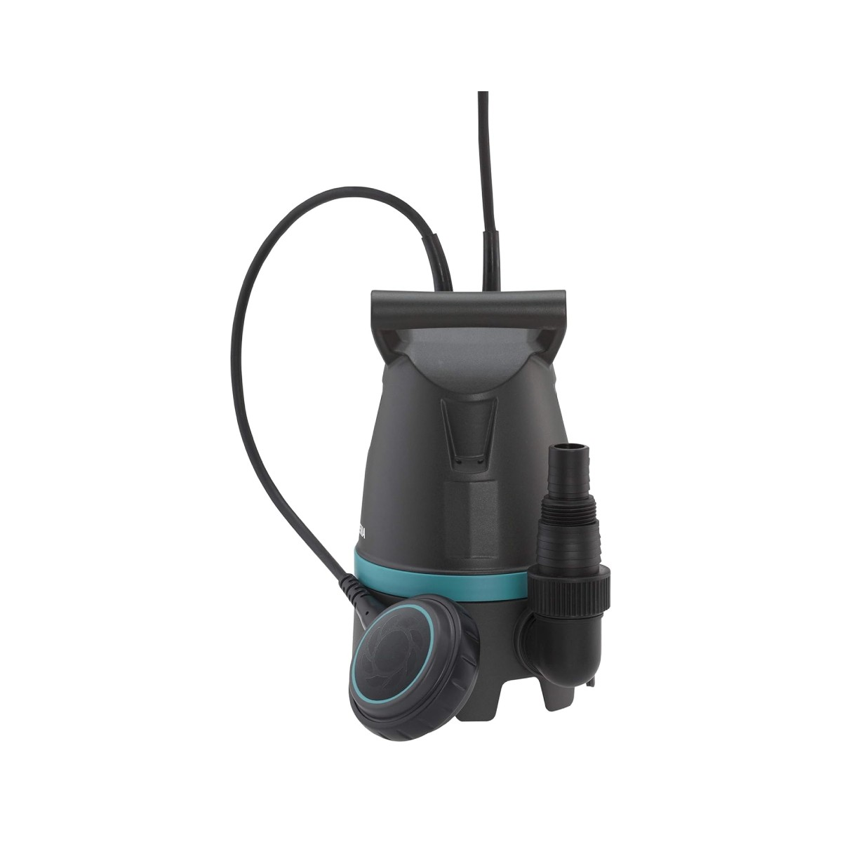 Pompa sommersa nera con anello blu e tubo nero.