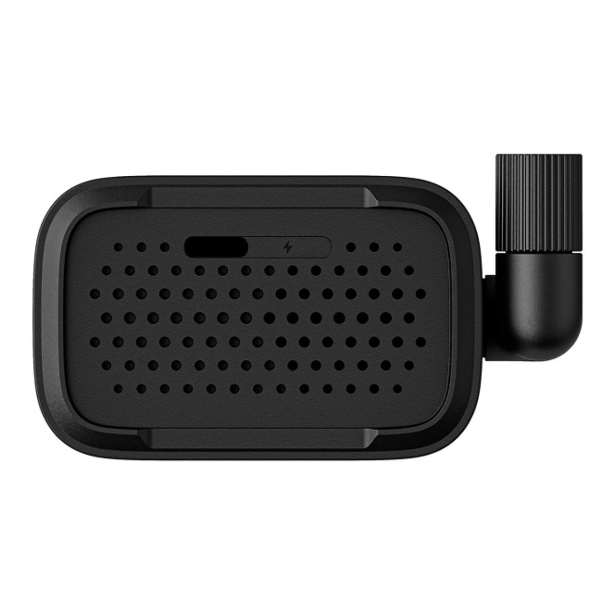 Un dispositivo elettronico nero con antenna e fori di ventilazione.