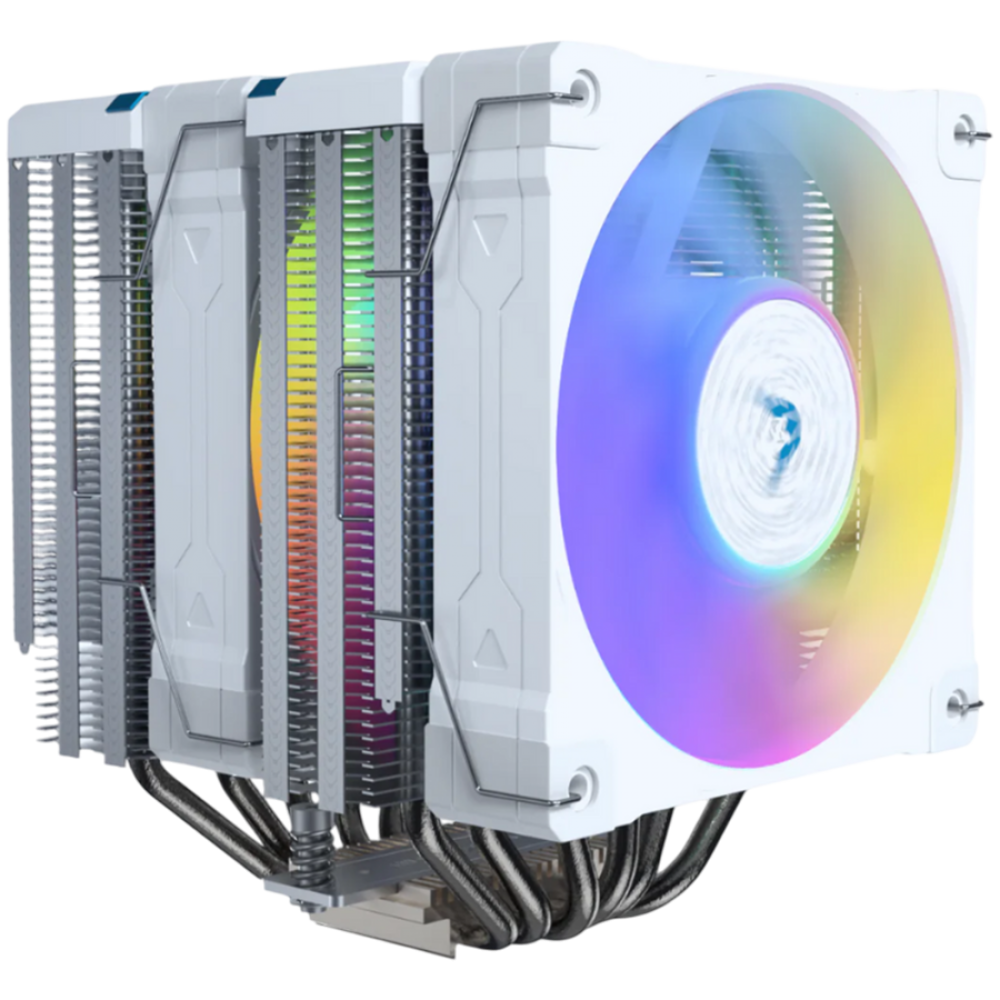 Biały, dwuwieżowy cooler CPU z podświetleniem RGB.