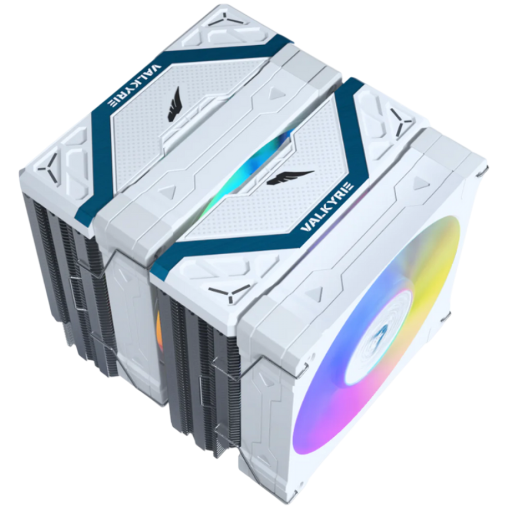 Biała dwuwieżowa chłodnica CPU z wentylatorem RGB.