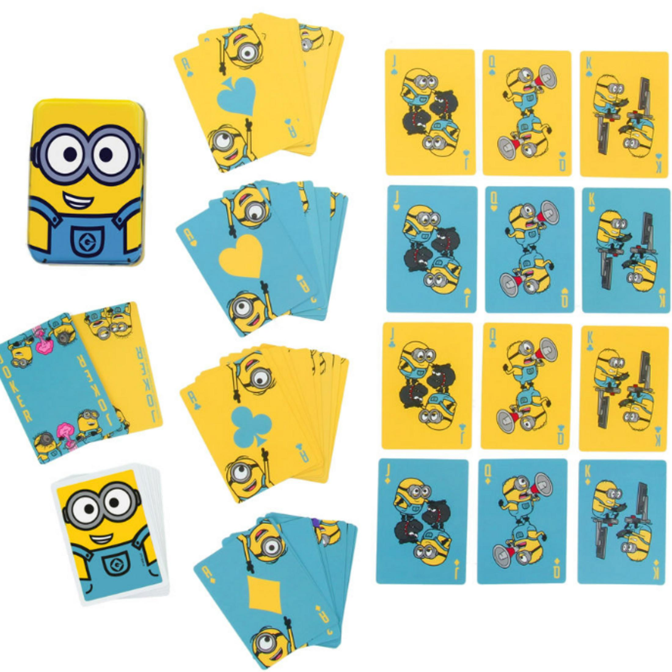 Karty do gry Minions z postaciami Minionów na żółtych i niebieskich kartach.