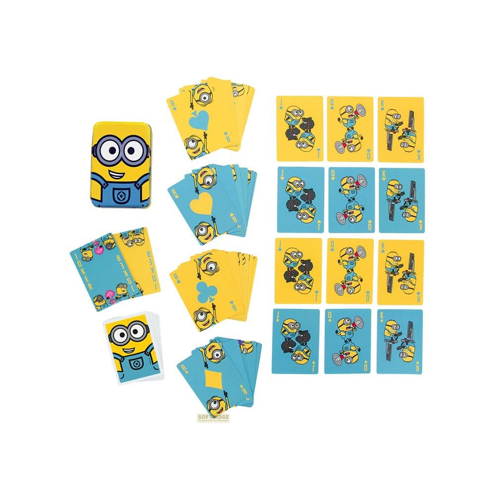 Karty do gry Minions z różnymi wzorami i kolorami, na białym tle.