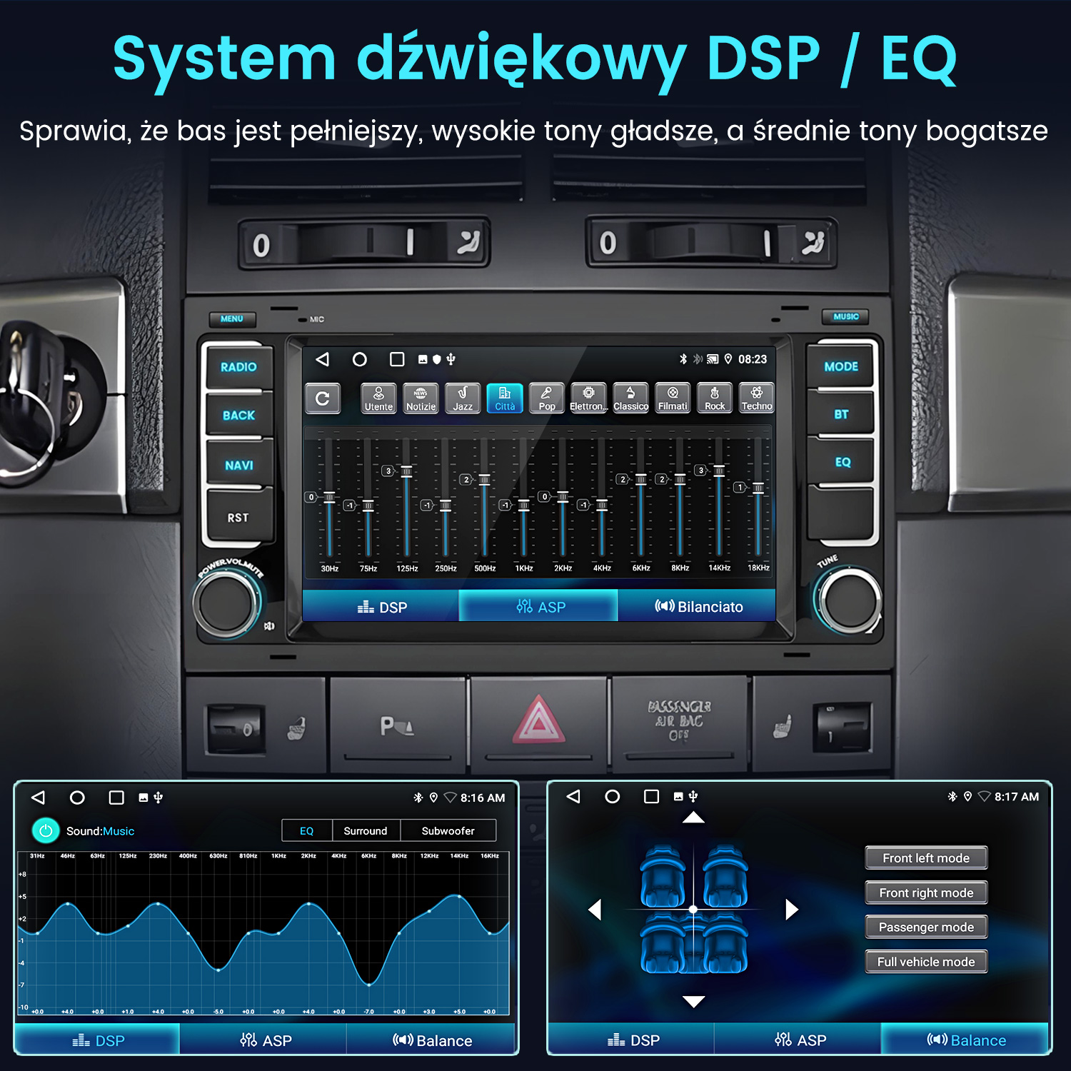 Deska rozdzielcza samochodu z cyfrowym systemem infotainment pokazującym ustawienia EQ.