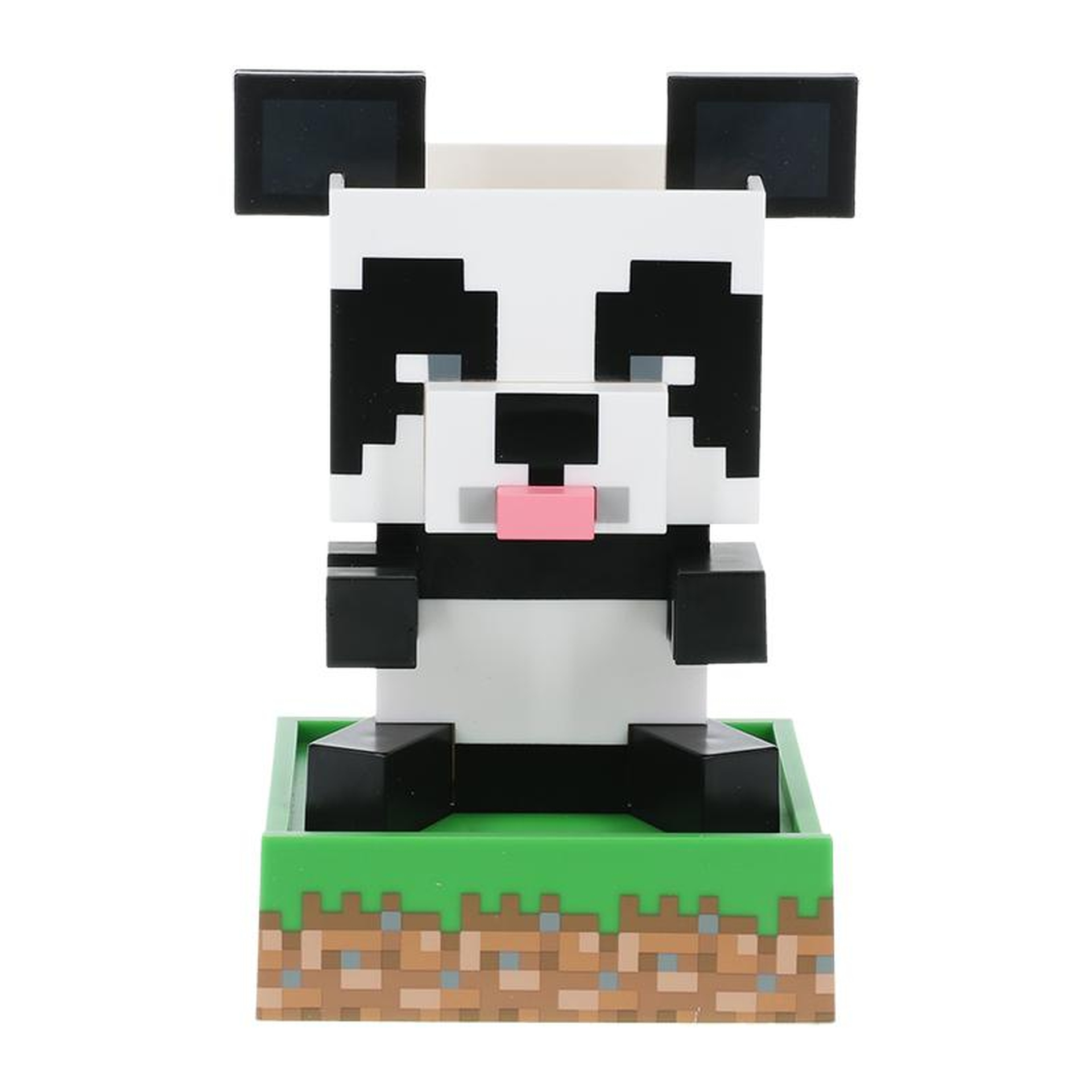 Pikselowa figurka pandy z różowym językiem na zielonej podstawie Minecraft.