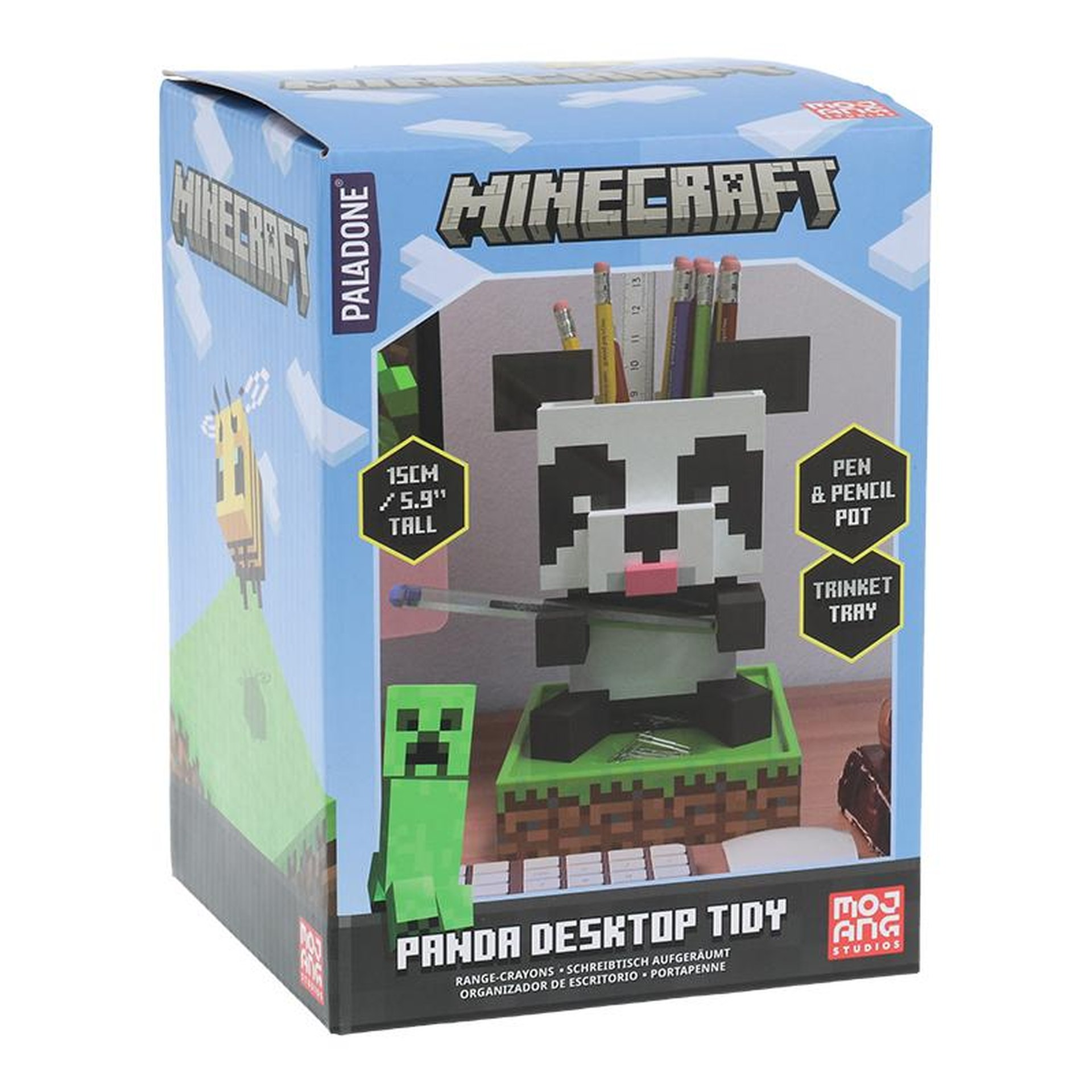 Panda z Minecrafta organizer na biurko z długopisami i figurką Creepera.