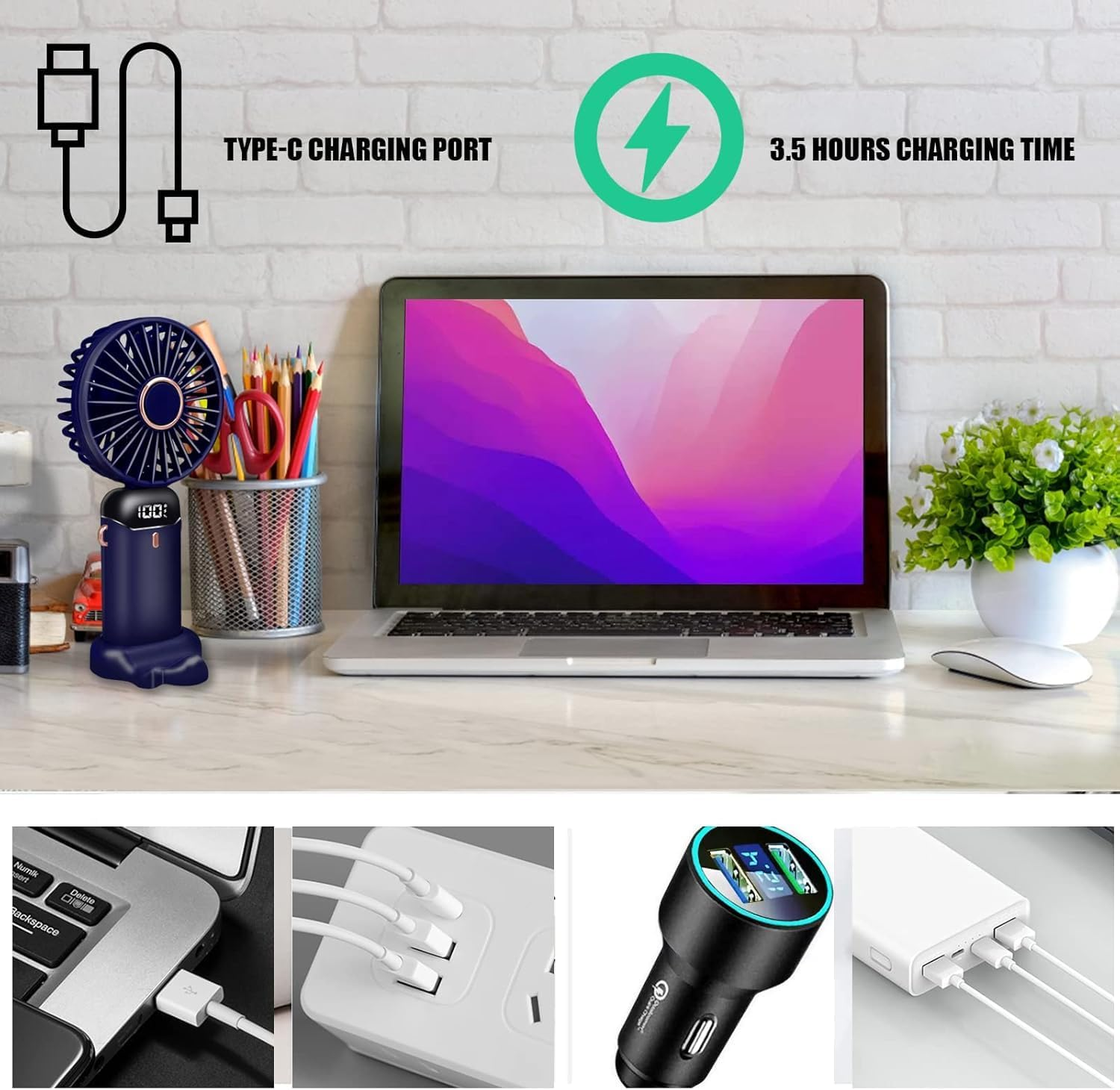 Schreibtisch mit Laptop, Ventilator und Ladezubehör. Typ-C-Anschluss, 3,5h Ladezeit.