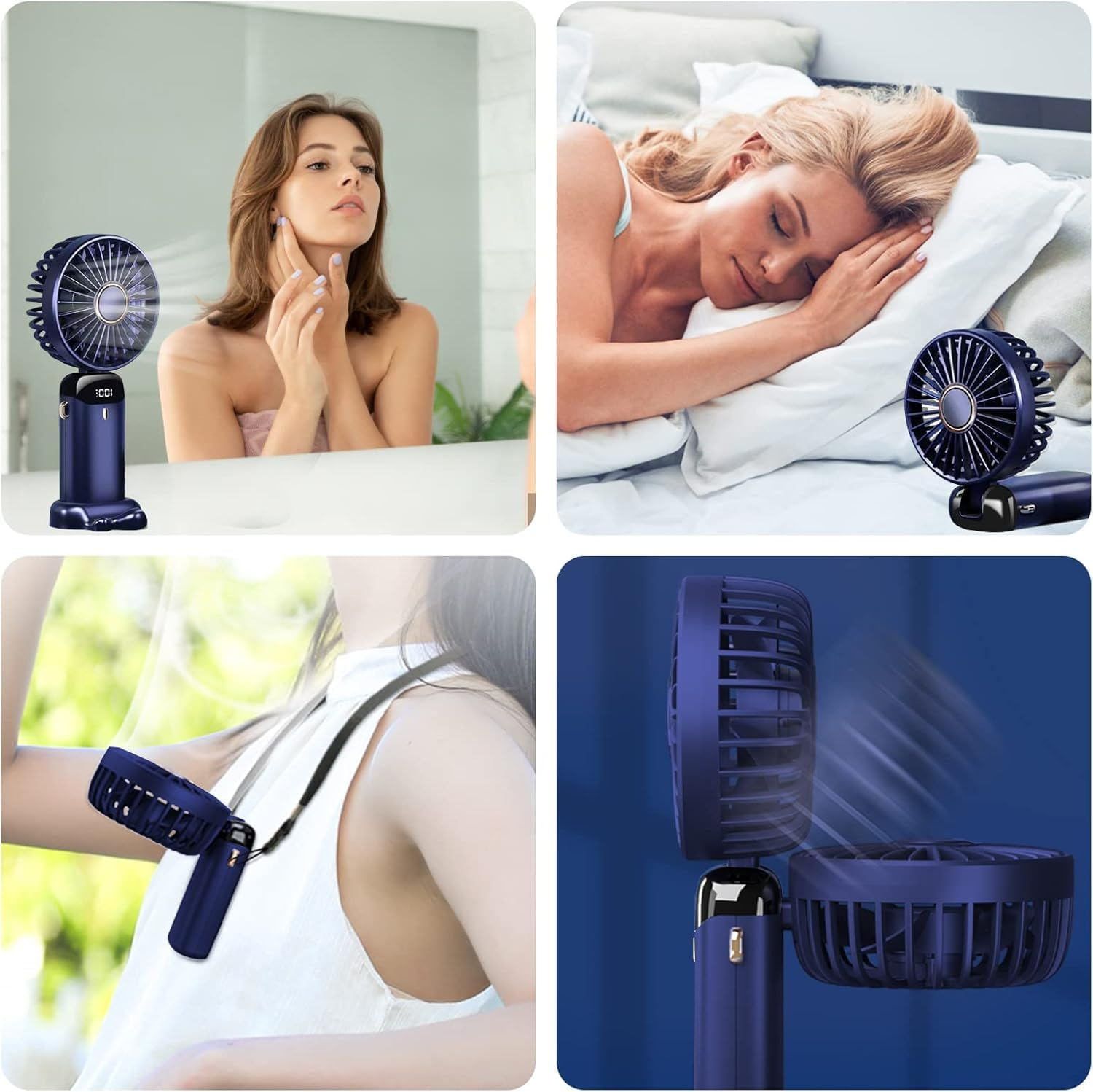 Blauer Ventilator, der auf zwei Arten verwendet wird: auf einem Schreibtisch und um den Hals getragen.