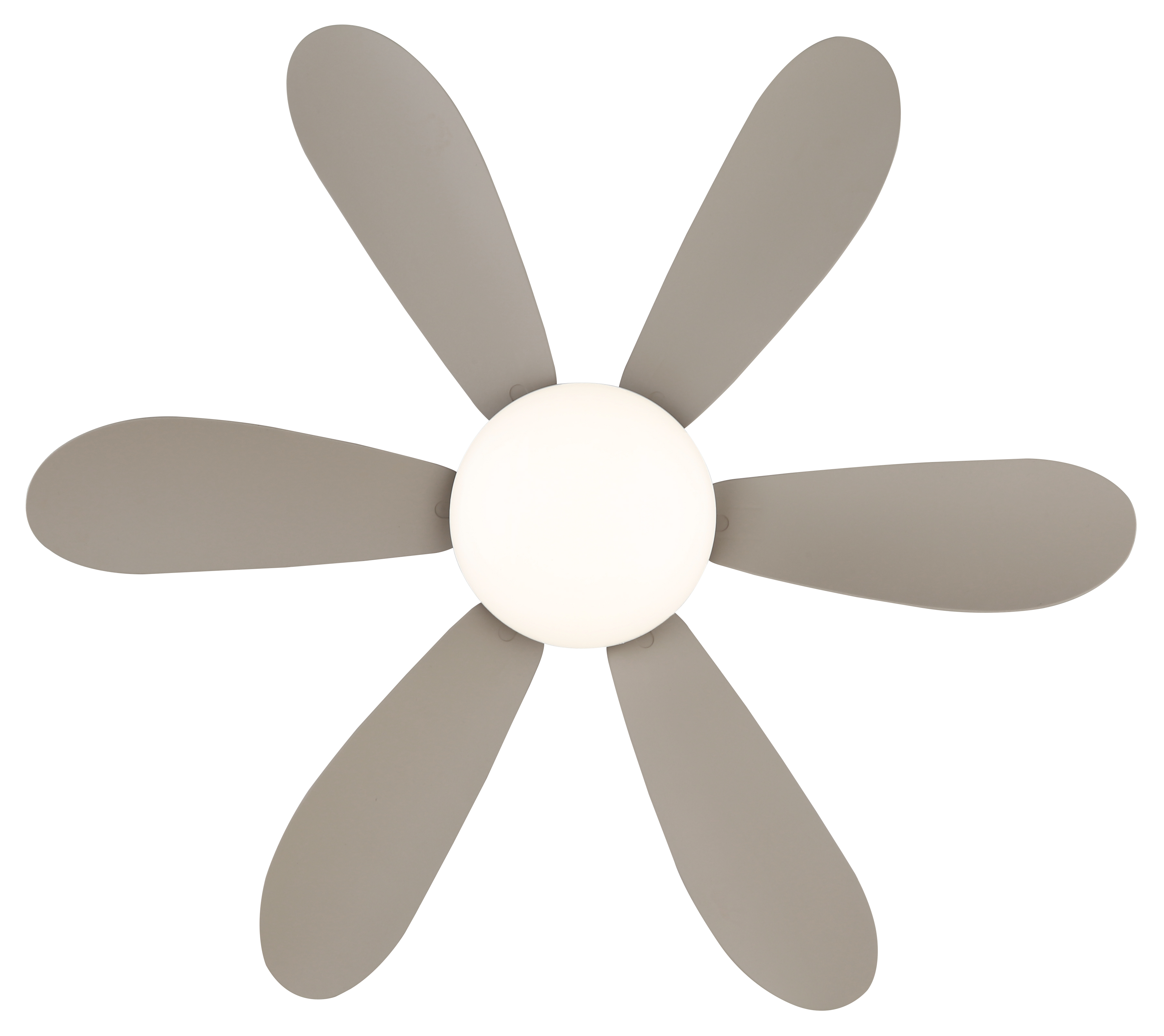 Ein grauer Deckenventilator mit sechs Blättern und einer runden Lampe in der Mitte.