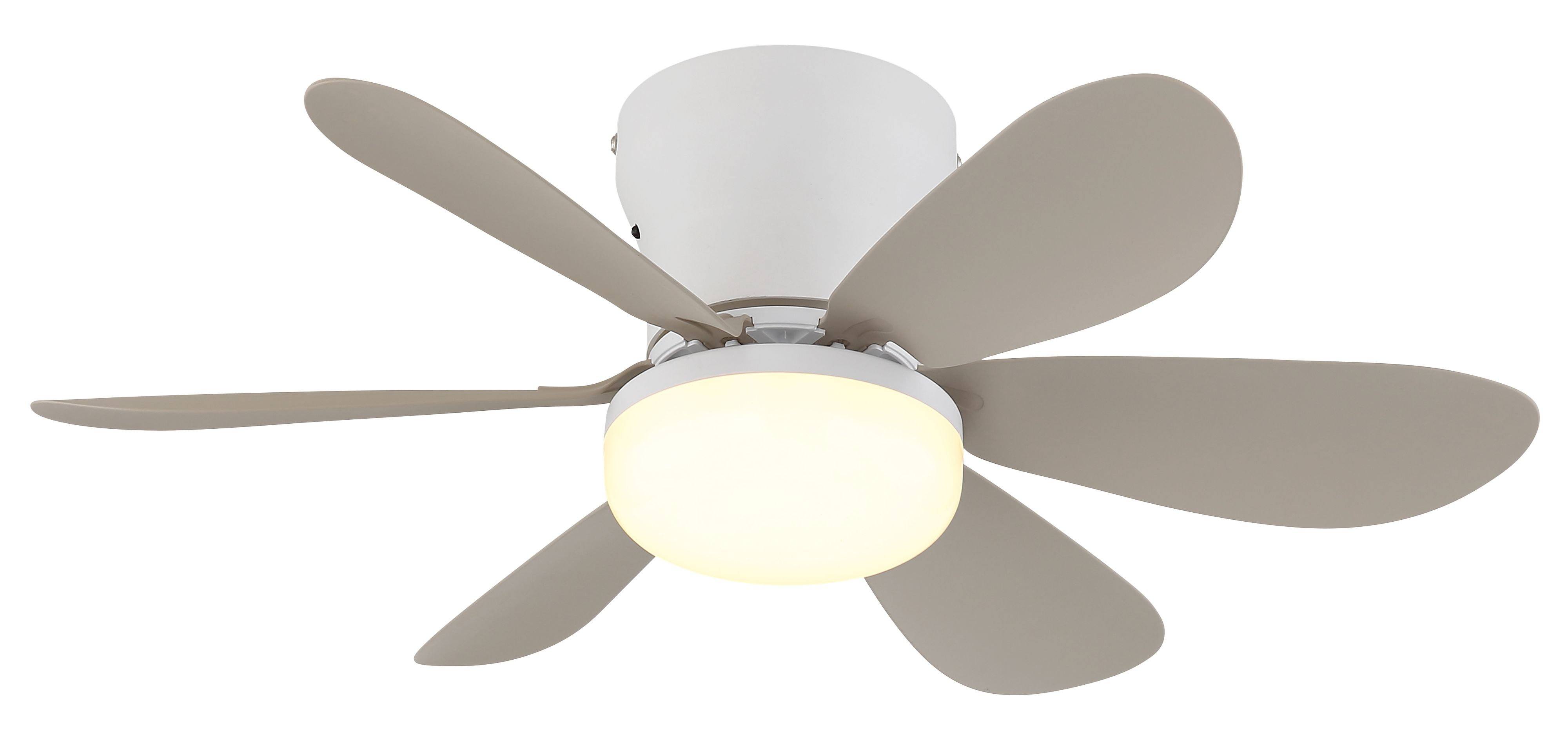 Ein weier Deckenventilator mit fünf grauen Blättern und einer integrierten Lampe.