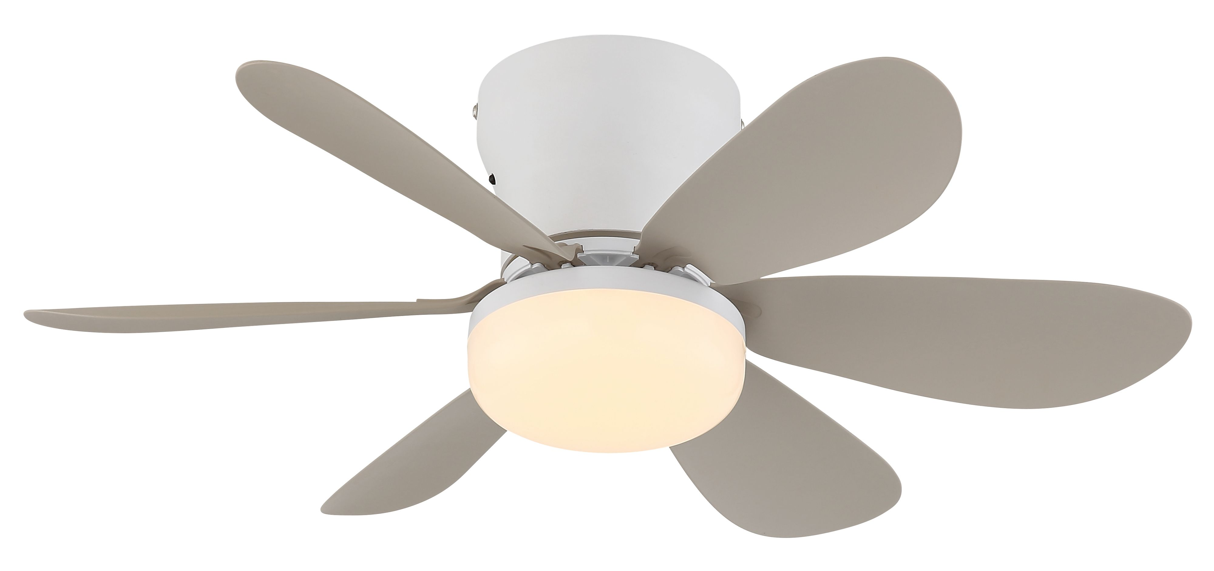 Ein moderner Deckenventilator mit fünf grauen Rotorblättern und einer weißen Lampe.