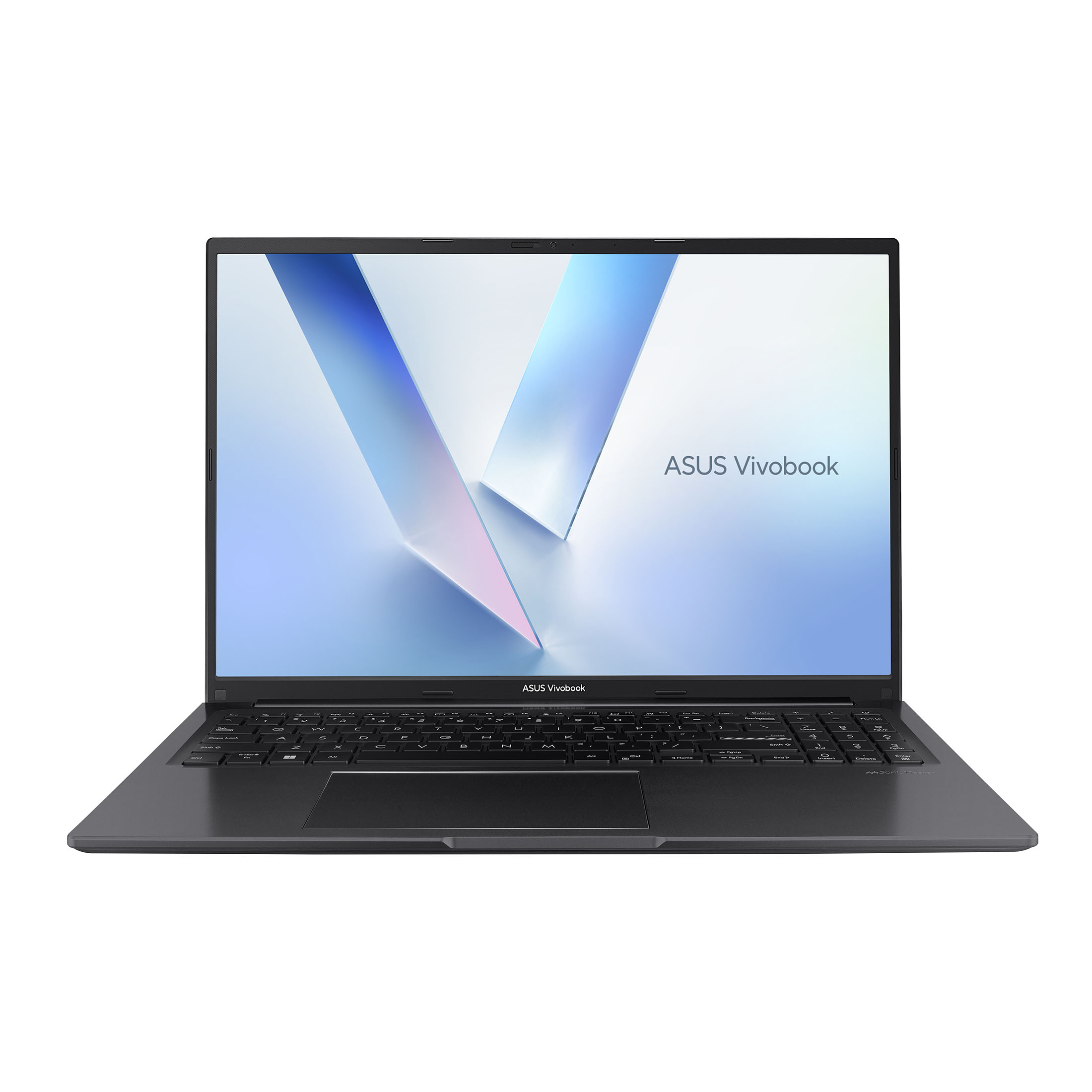 Ein offener, dunkler Laptop mit beleuchteter Tastatur und einem hellen, abstrakten Hintergrundbild.