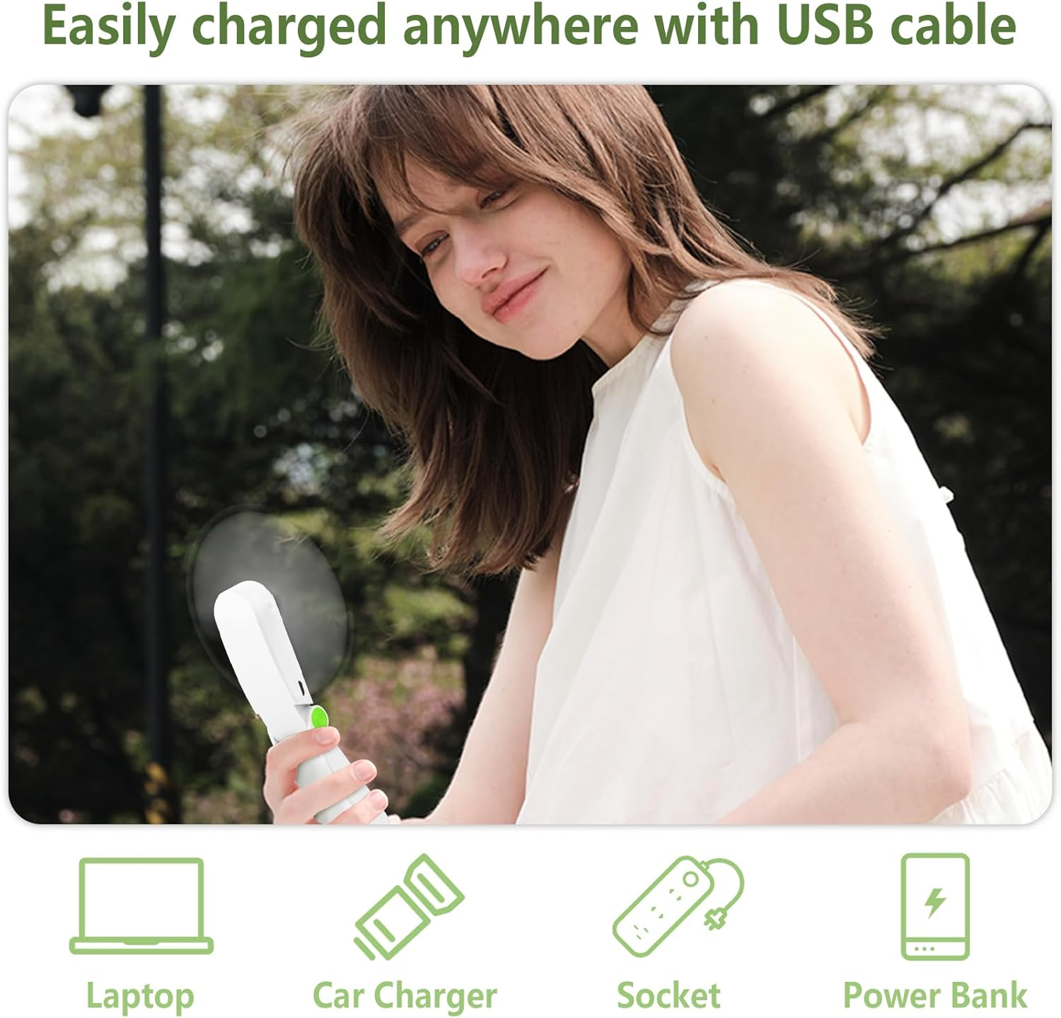 Frau hält einen weißen USB-Lüfter; unten Icons für Laptop, Ladegerät, Steckdose, Powerbank.