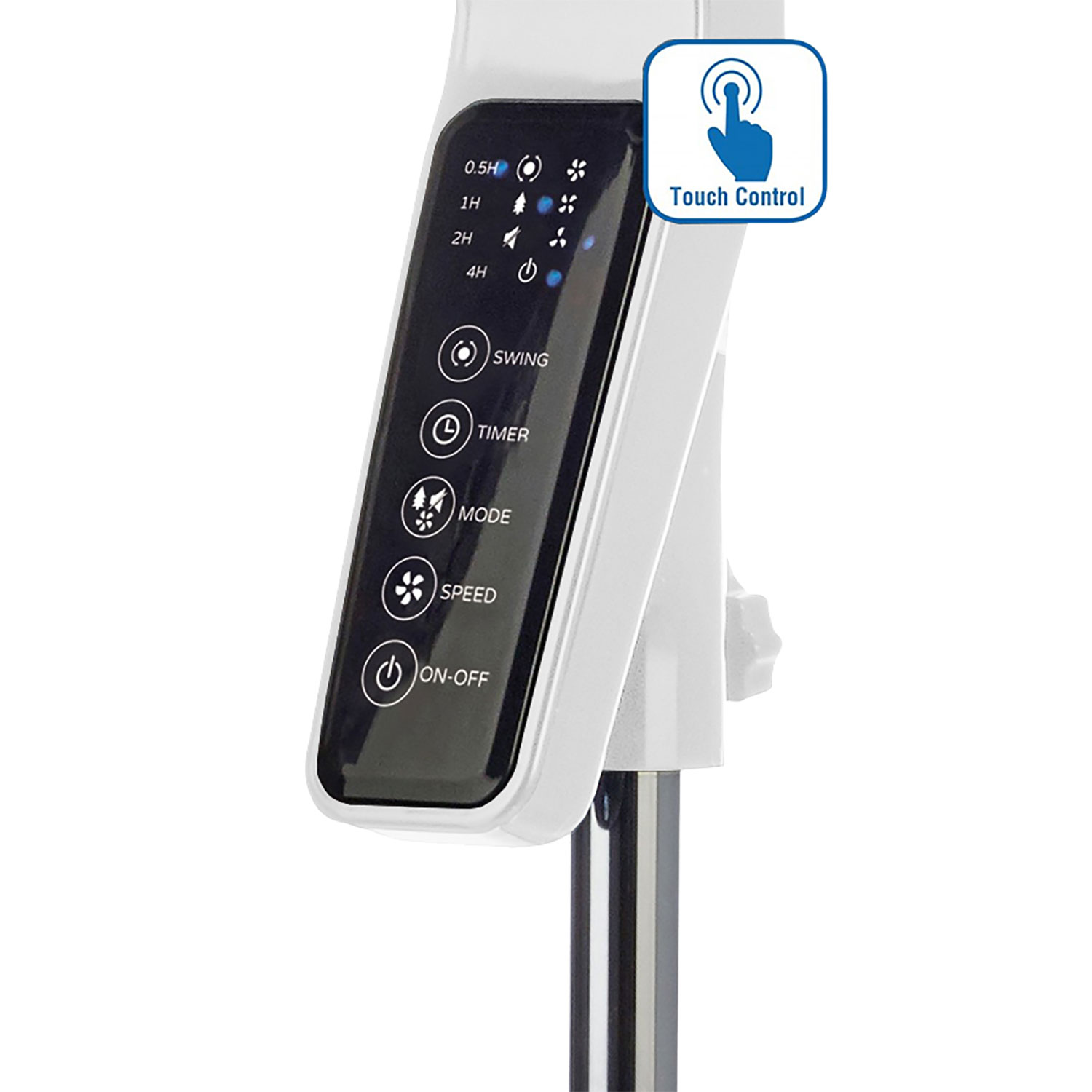 Lüfter-Bedienfeld mit Timer-, Geschwindigkeits-, Modus- und Ein-/Aus-Tasten. Touch-Control-Symbol.