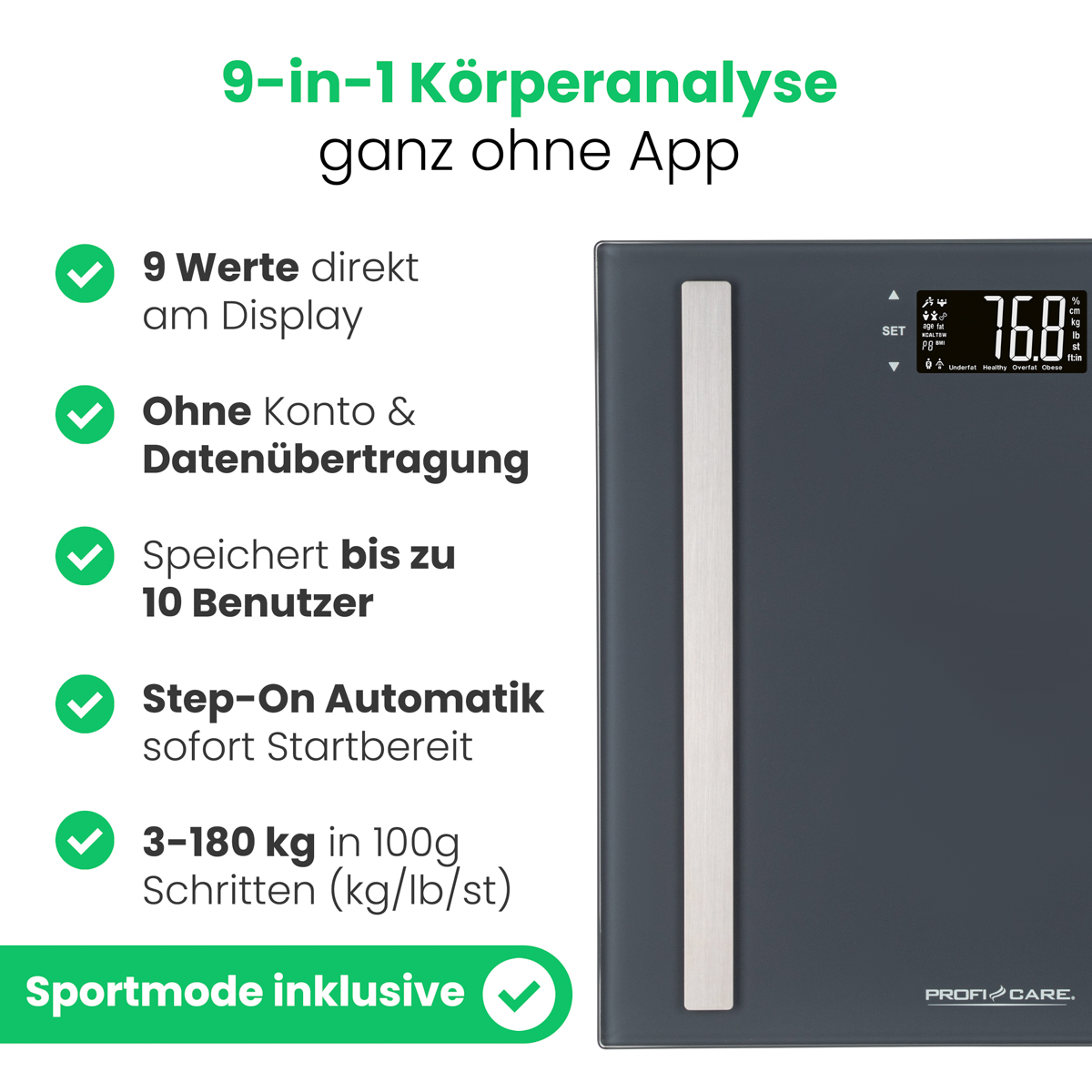 Digitale Personenwaage mit Display zeigt 76.8 kg, mit Funktionen wie 9 Werte, kein Konto, 10 Nutzer.