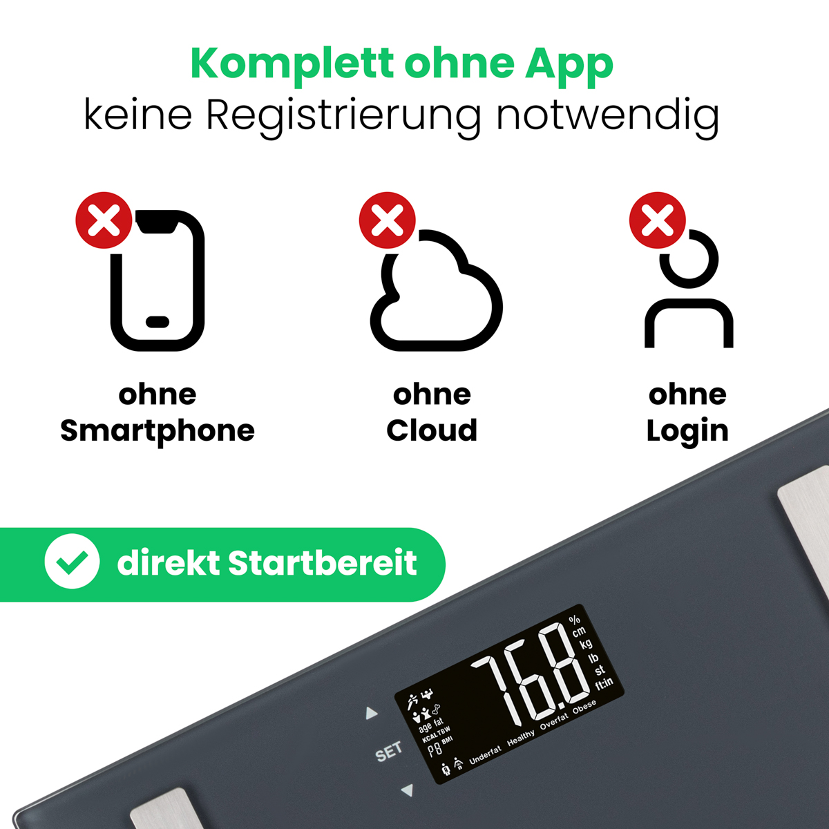 Graue Personenwaage mit Anzeige '76.8', ohne App, Cloud oder Login.