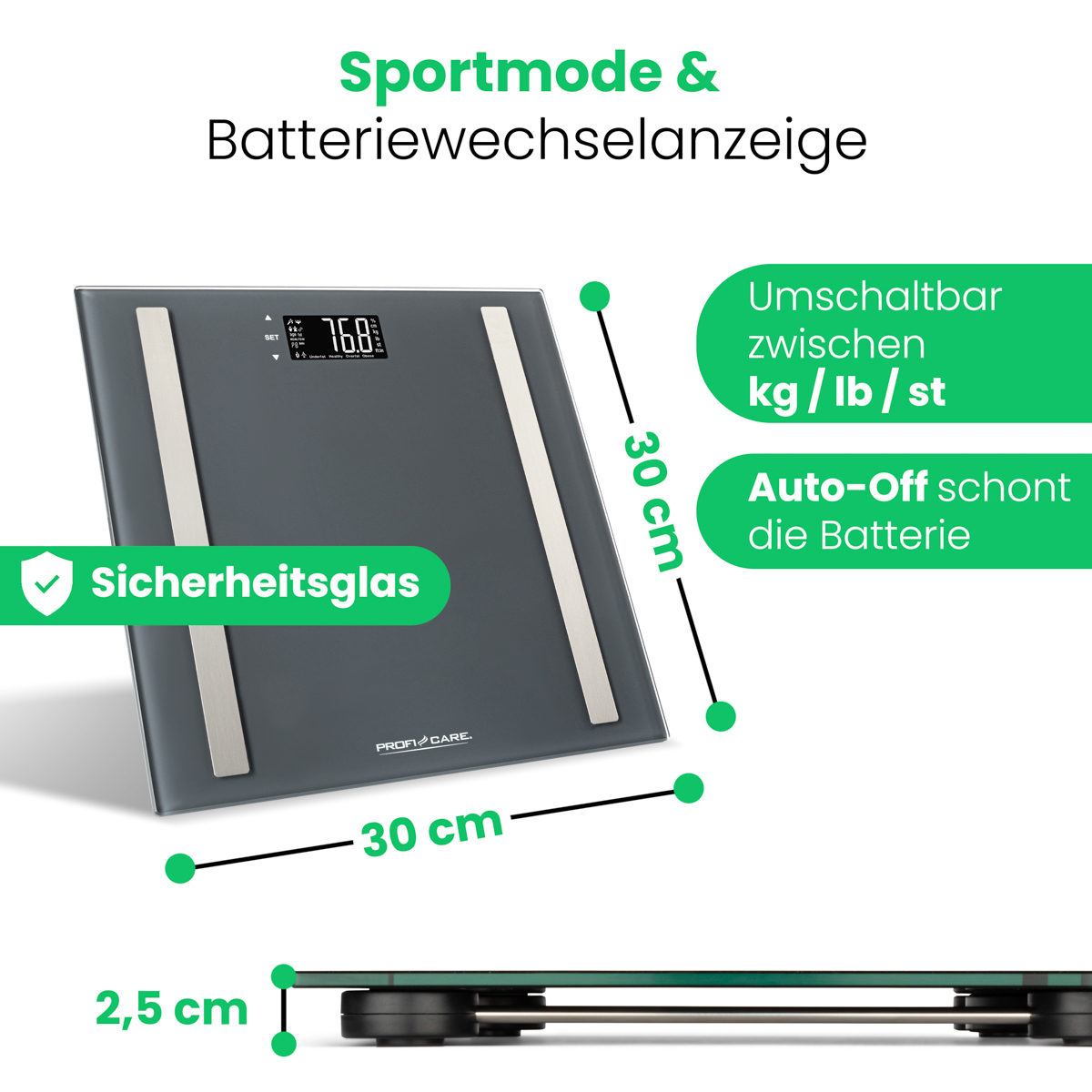 Graue Glaswaage mit digitalen Anzeigen für Gewicht und Sportmodus.
