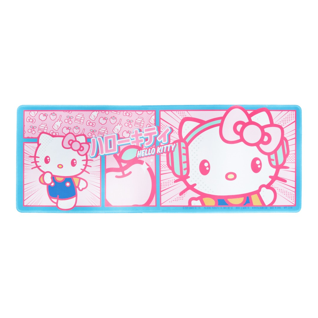 Hello Kitty ze słuchawkami i inny motyw z Hello Kitty, jabłkiem, na niebieskim tle.