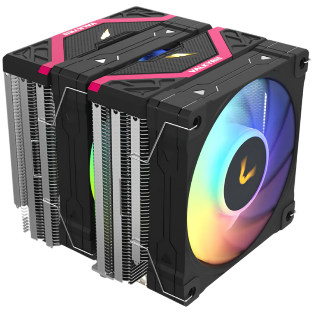 Czarna chłodnica CPU z podwójnymi radiatorami i wentylatorem RGB.
