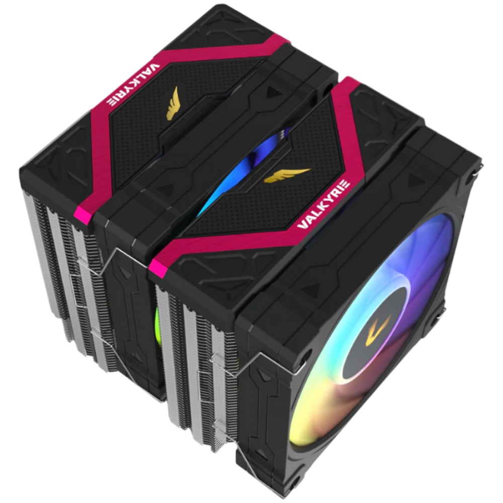 Czarna chłodnica CPU z różowymi akcentami, logo Valkyrie i wentylatorem RGB.