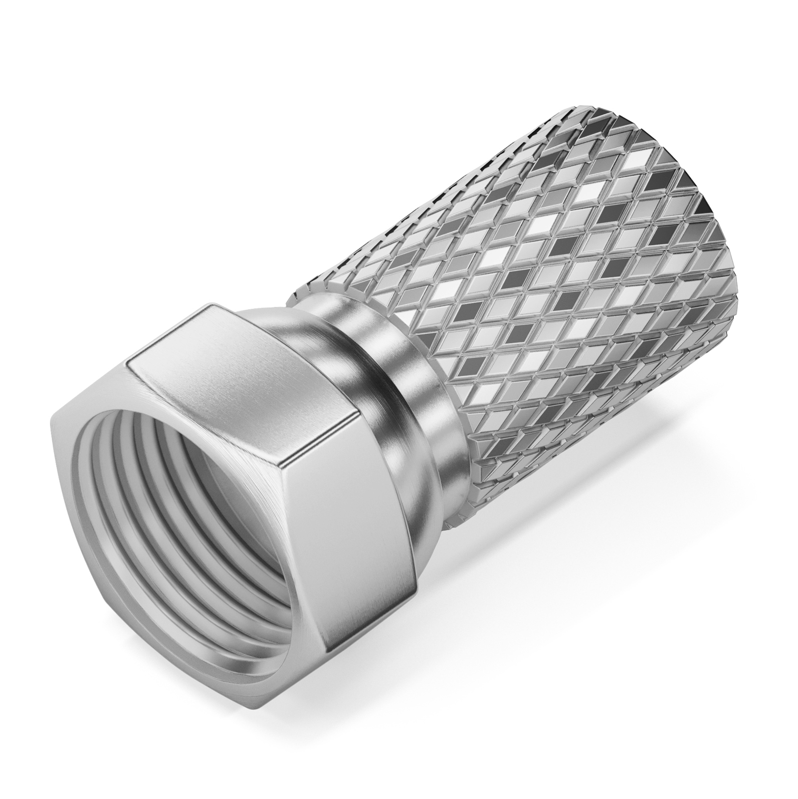 Ein silberner Stecker mit Gewinde und einem gerändelten Griff.
