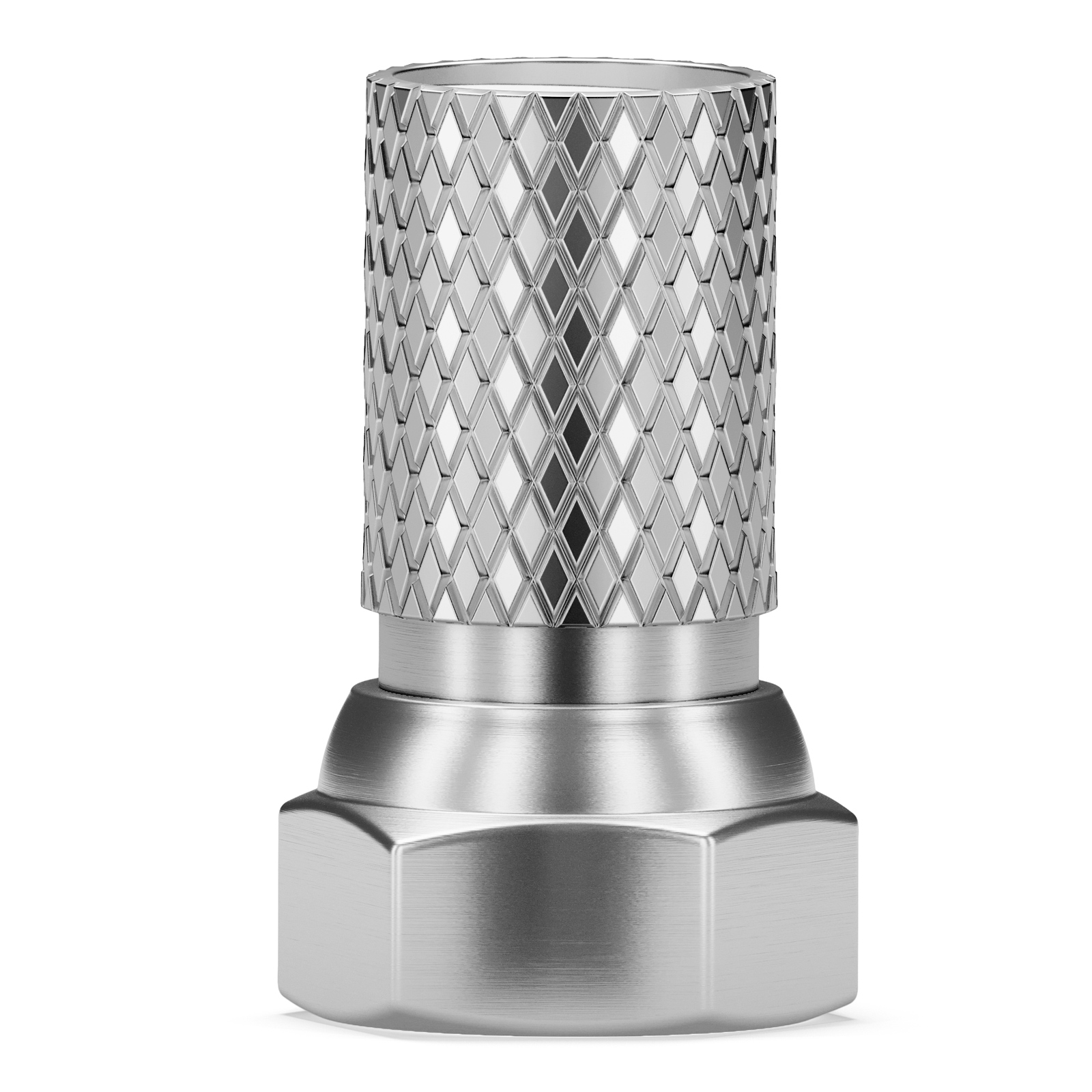 Ein metallischer Stecker mit einem Rautenmuster oben und einem sechseckigen Sockel.