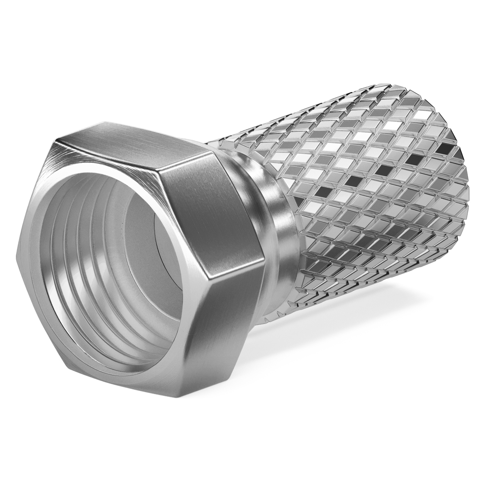 Ein silberner Stecker mit Gewinde und gerändeltem Griff.