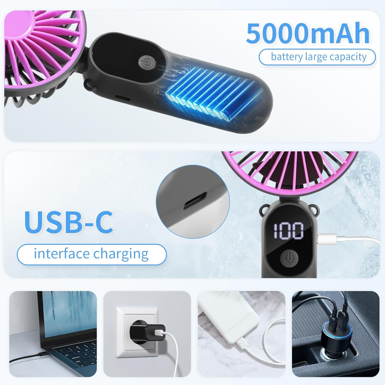 Tragbarer Lüfter mit Pinken Rotorblättern, 5000mAh Akku, USB-C Ladeanschluss und Ladeoptionen.