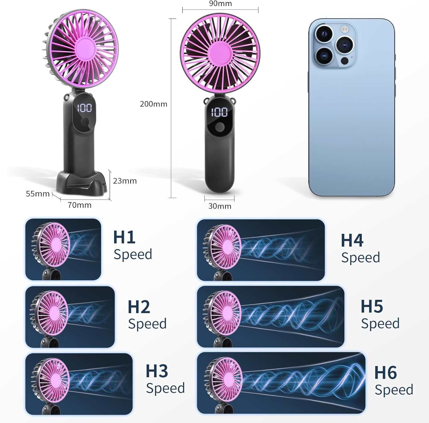 Ein pinkfarbener Handventilator wird neben einem Smartphone gezeigt. Mehrere Geschwindigkeitsstufen sind abgebildet.