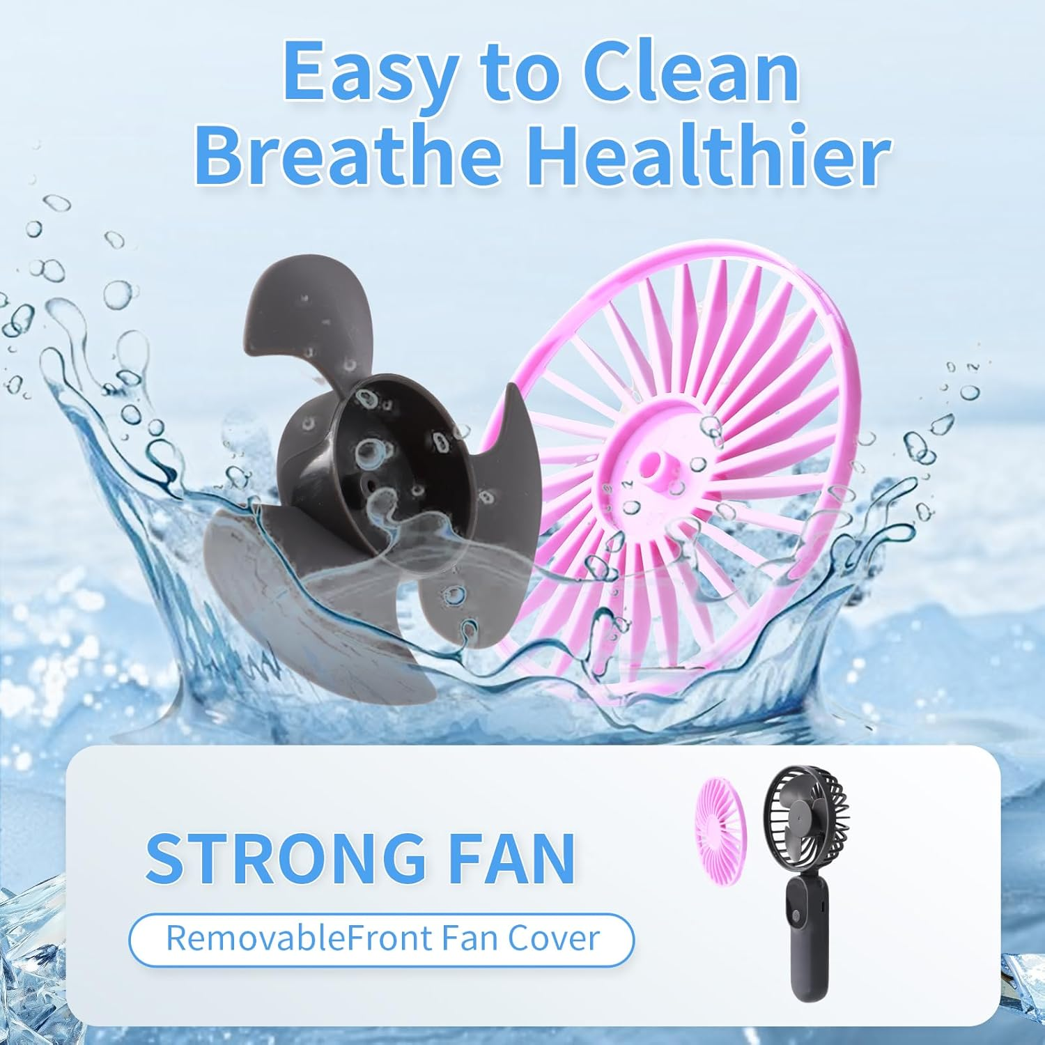 Ein starker Ventilator mit abnehmbarer Frontabdeckung, der Wasser spritzt.