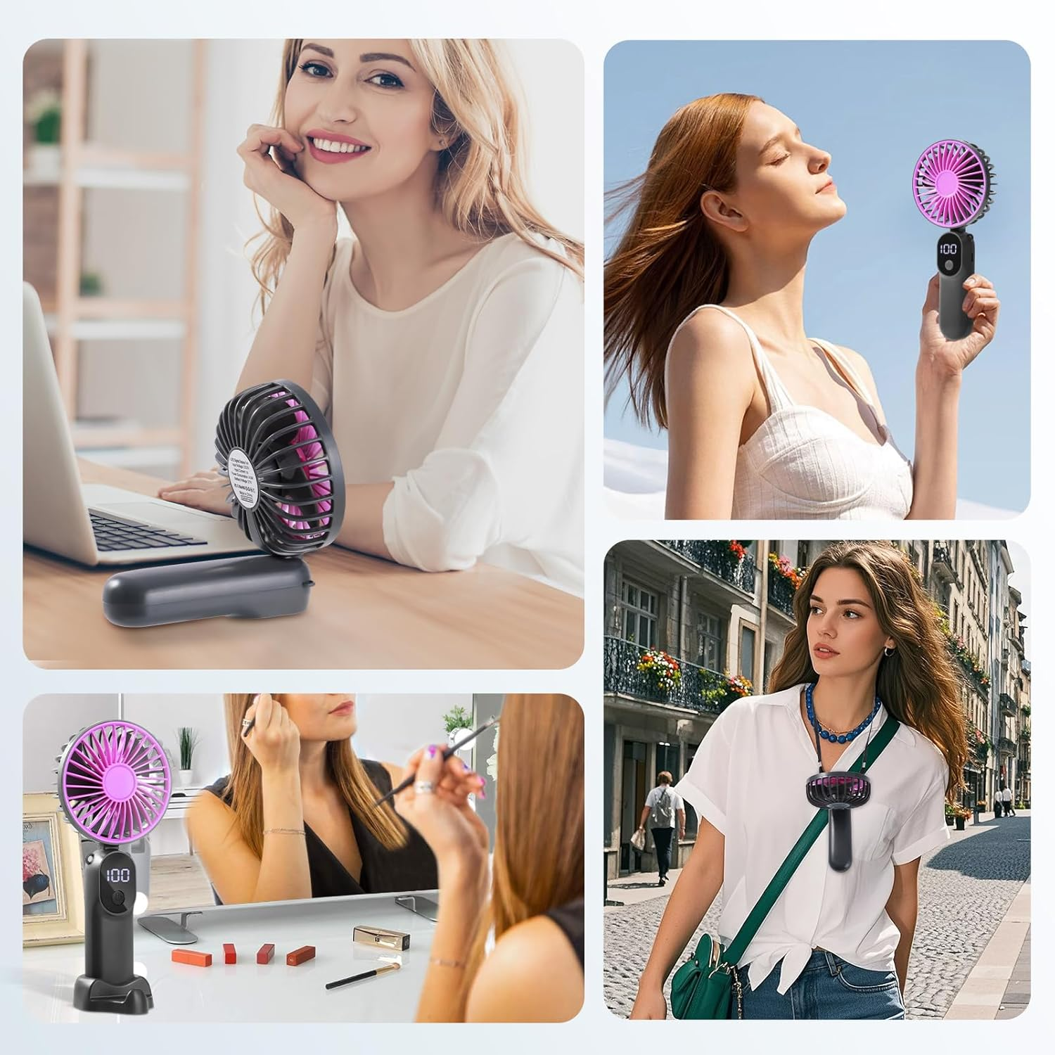 Frauen benutzen einen tragbaren Ventilator drinnen und draußen.