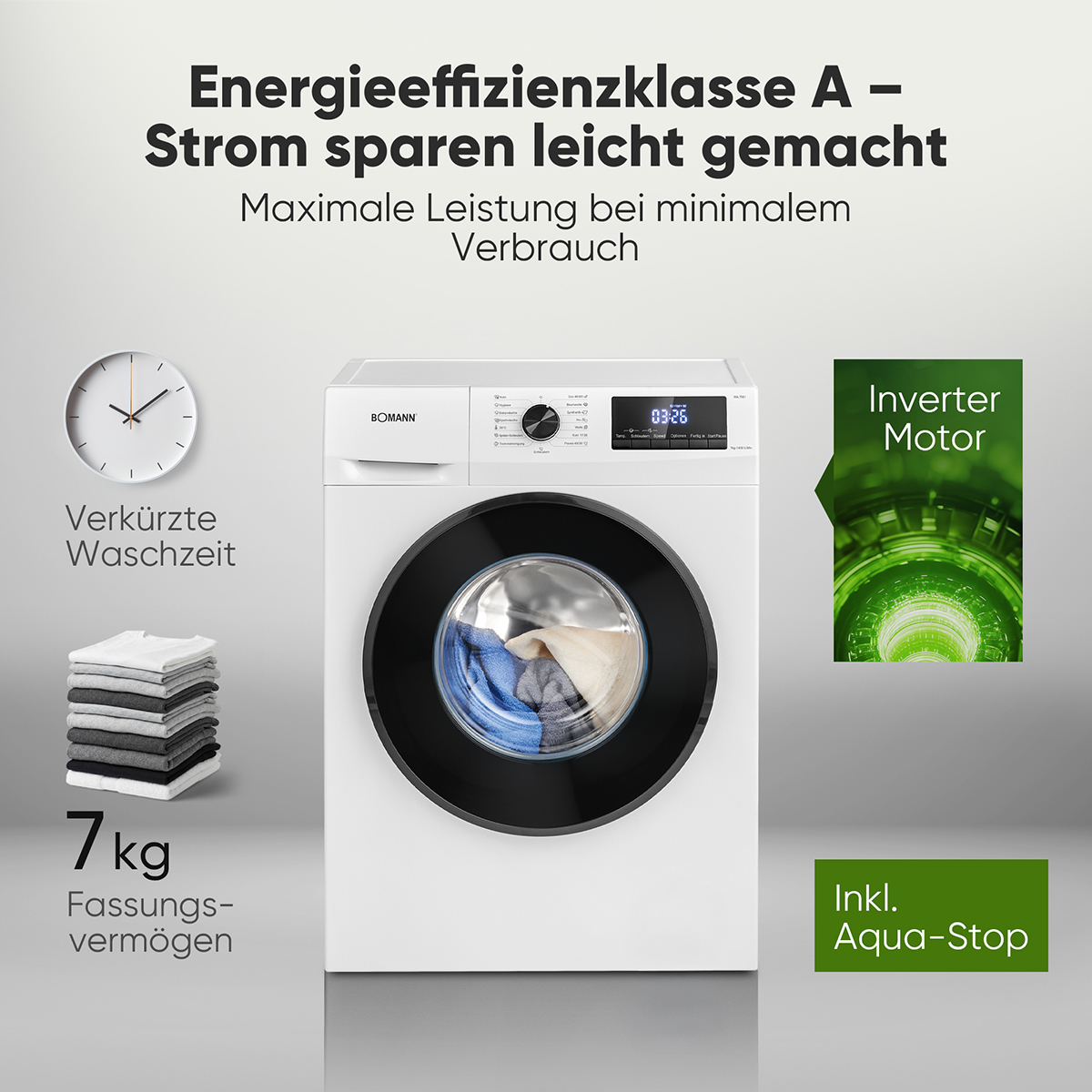 Eine weiße Waschmaschine mit schwarzer Tür, daneben ein Stapel Wäsche und eine Uhr.