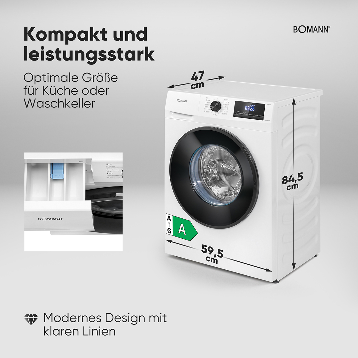 Weiße Bomann Waschmaschine mit Maßen 47x59.5x84.5cm. Energieeffizienz A.