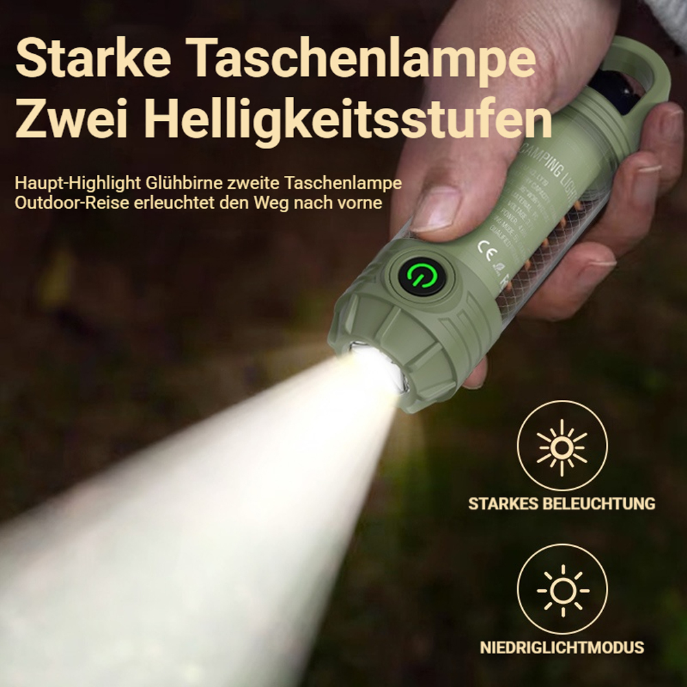 Grüne Taschenlampe mit hellem Lichtkegel, in Hand gehalten, für Outdoor.