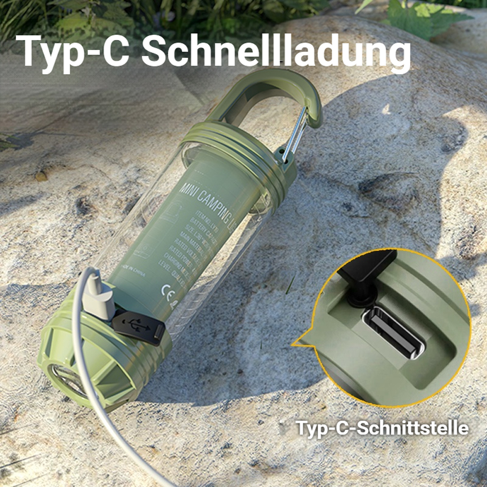 Grüne Campinglampe mit Typ-C-Anschluss und Karabiner, lädt über USB-C.