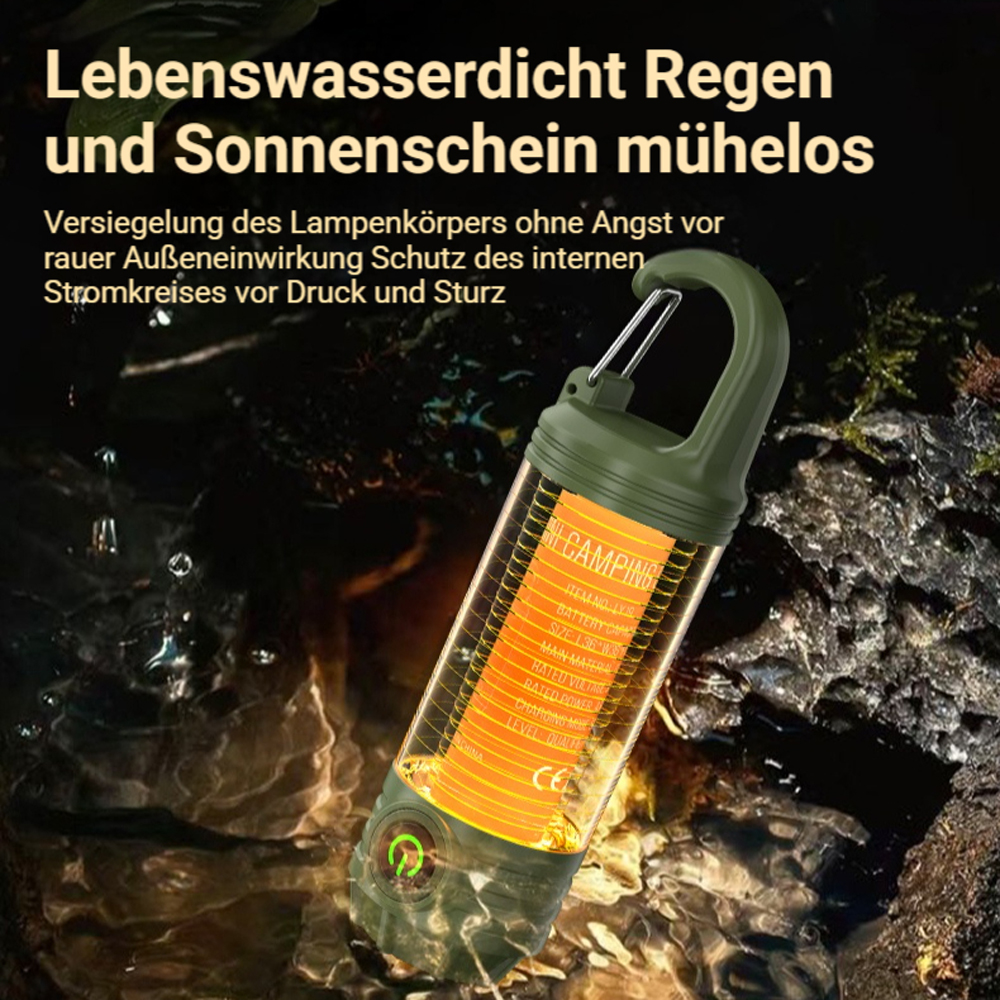 Eine grüne wasserdichte Lampe mit orangefarbenem Licht im Wasser.