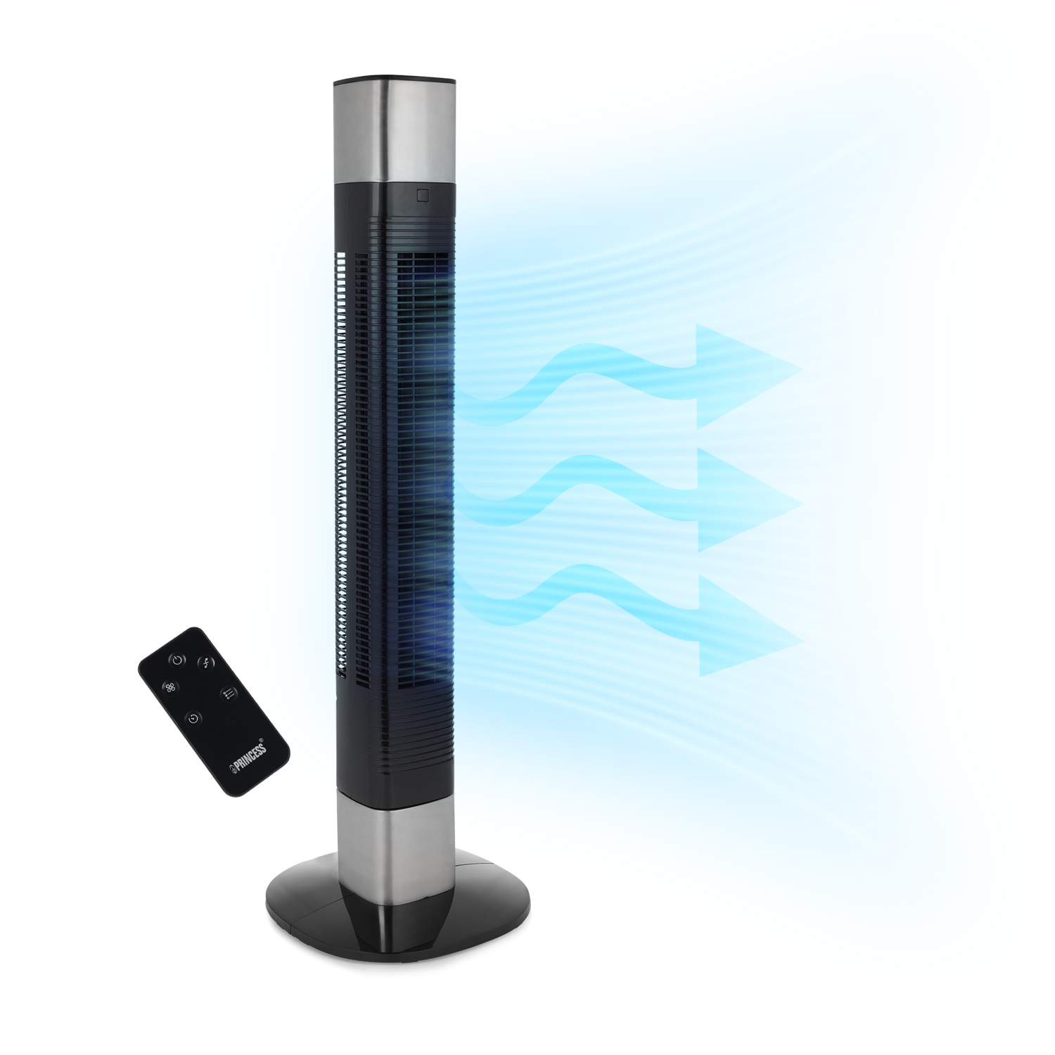 Ein schlanker Turmventilator in Schwarz und Silber mit Fernbedienung und blauen Luftströmen.