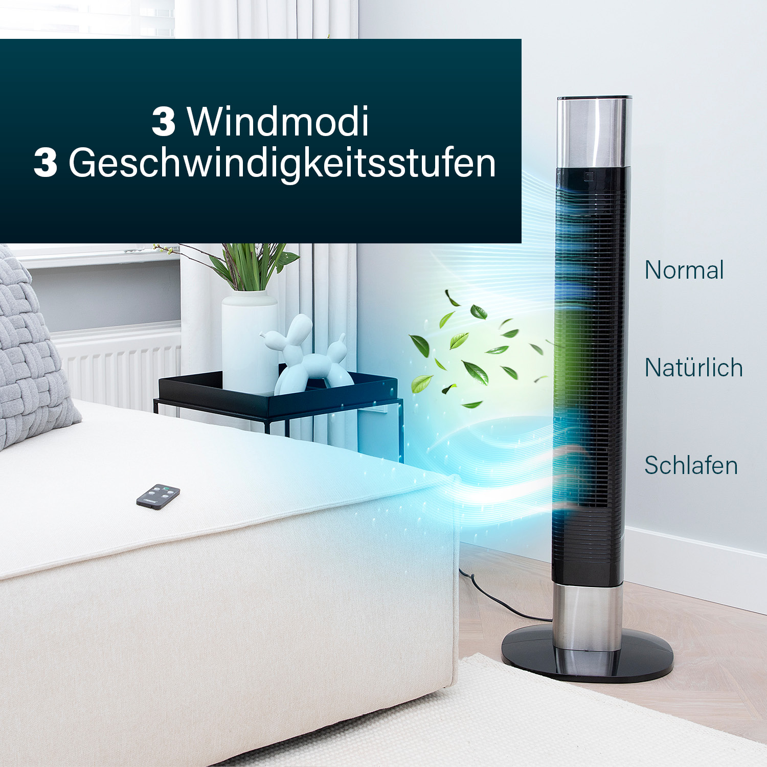 Ein schwarzer Turmventilator mit 3 Modi und Geschwindigkeitsstufen auf einem Holzboden.