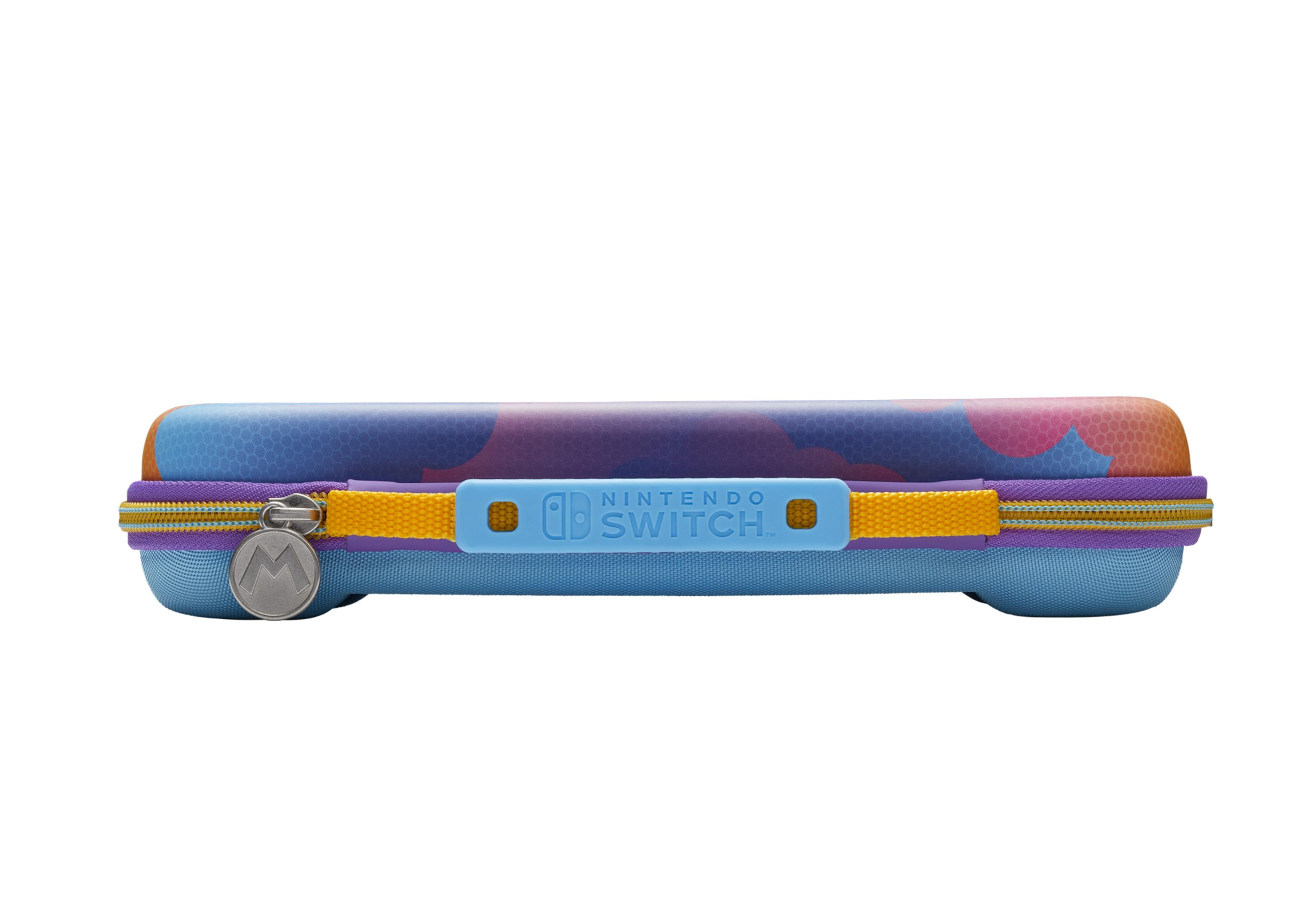 Niebieskie etui na Nintendo Switch z fioletowo-pomarańczowym wzorem i zamkiem błyskawicznym.