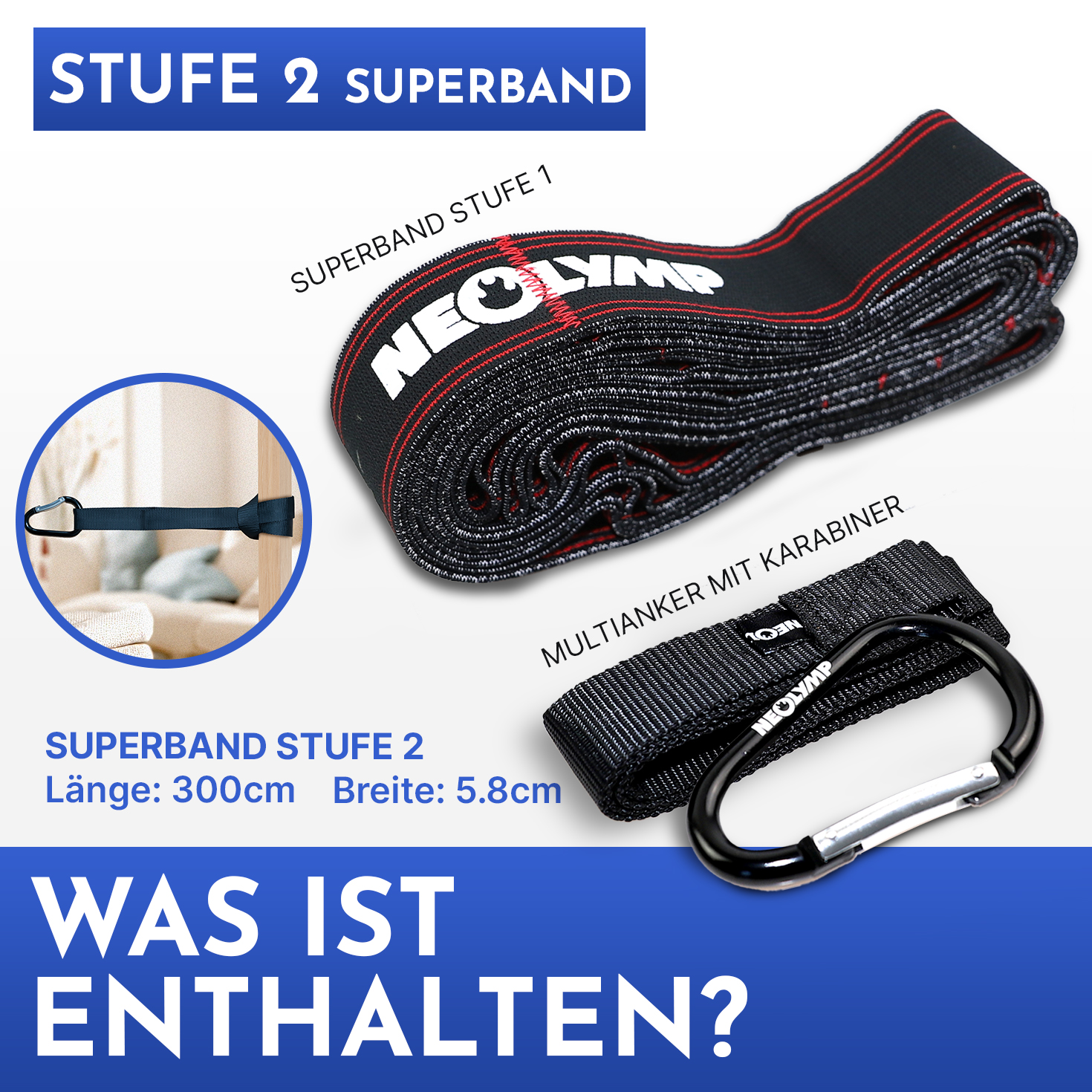 Ein schwarzes und rotes Widerstandsband, "Superband Stufe 2", 300cm lang, 5.8cm breit.