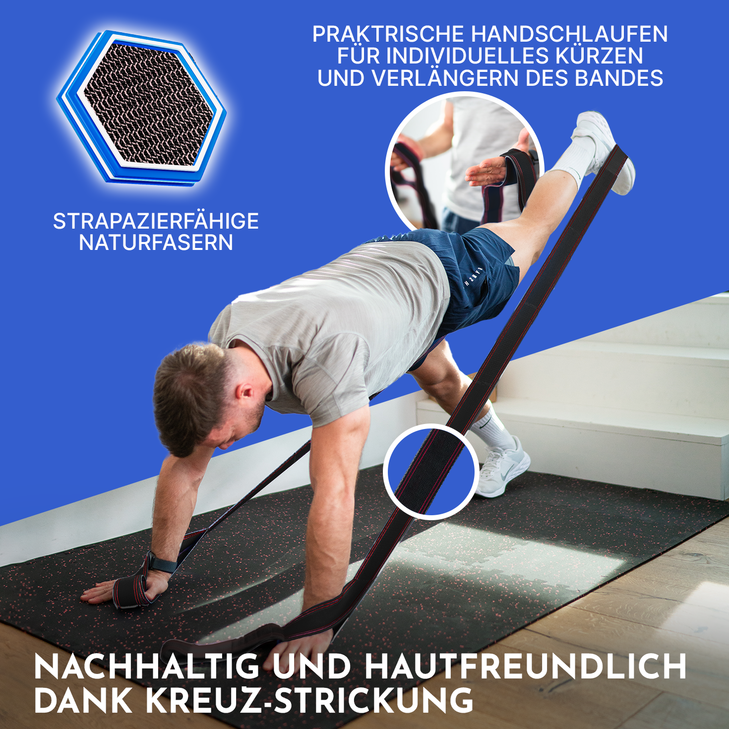 Mann dehnt sich mit einem Widerstandsband, das an seinen Handgelenken befestigt ist.