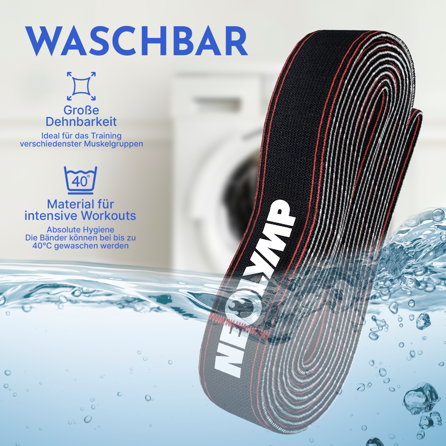 Schwarzes Band mit roten und weißen Streifen taucht in Wasser. Text: Waschbar, Dehnbar.