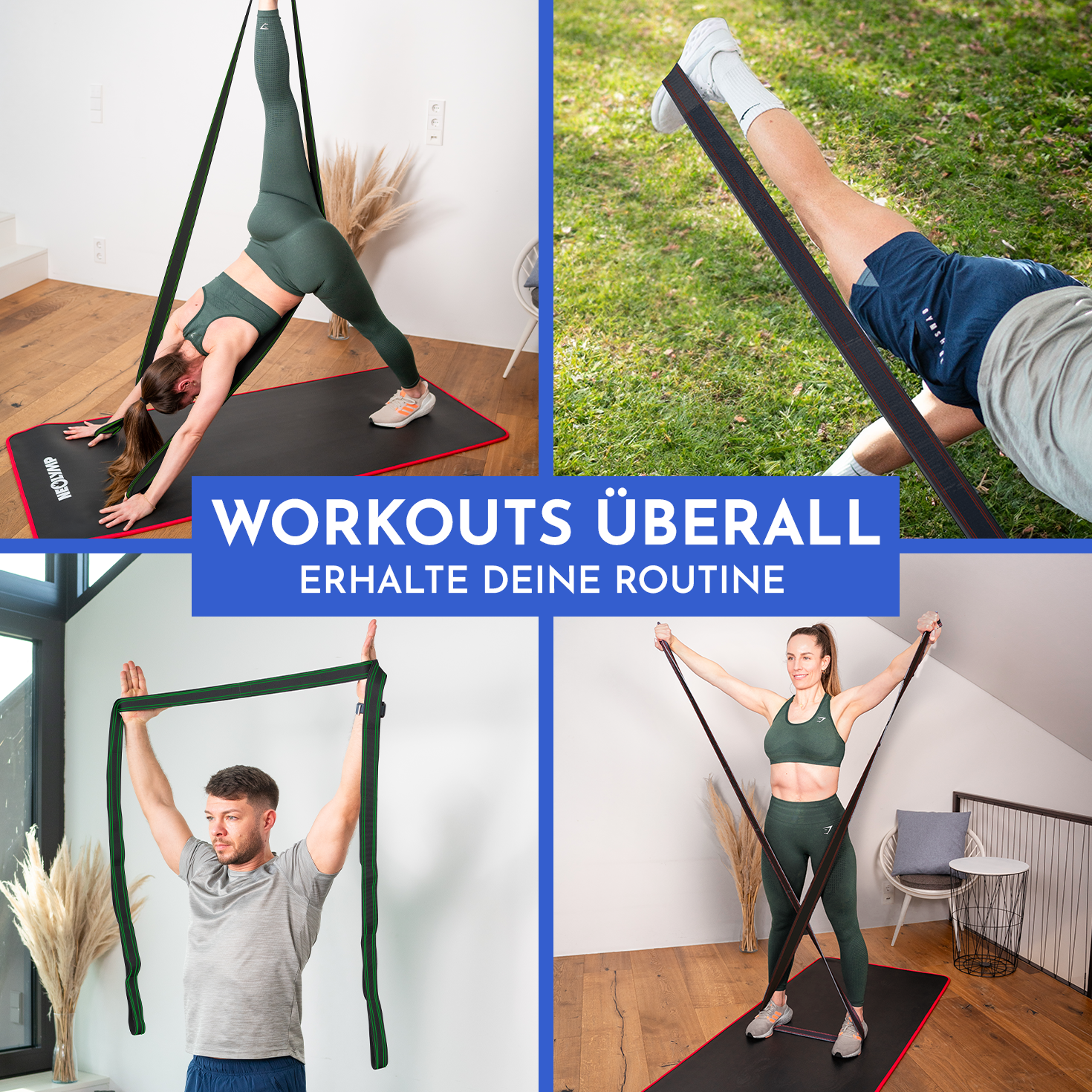 Vier Fitnessübungen mit Bändern: Dehnen, Beintraining, Schultertraining, Ganzkörpertraining.