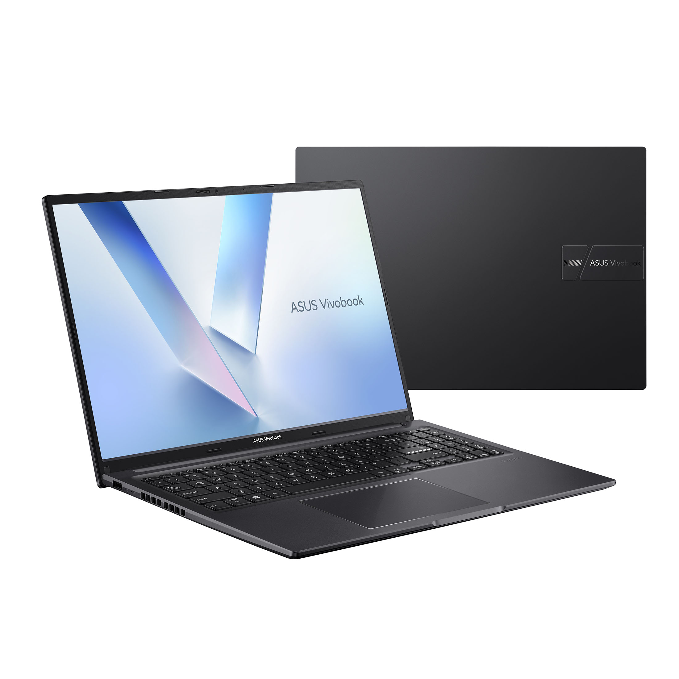 Ein geschlossener und ein geöffneter schwarzer ASUS Vivobook Laptop auf weißem Hintergrund.