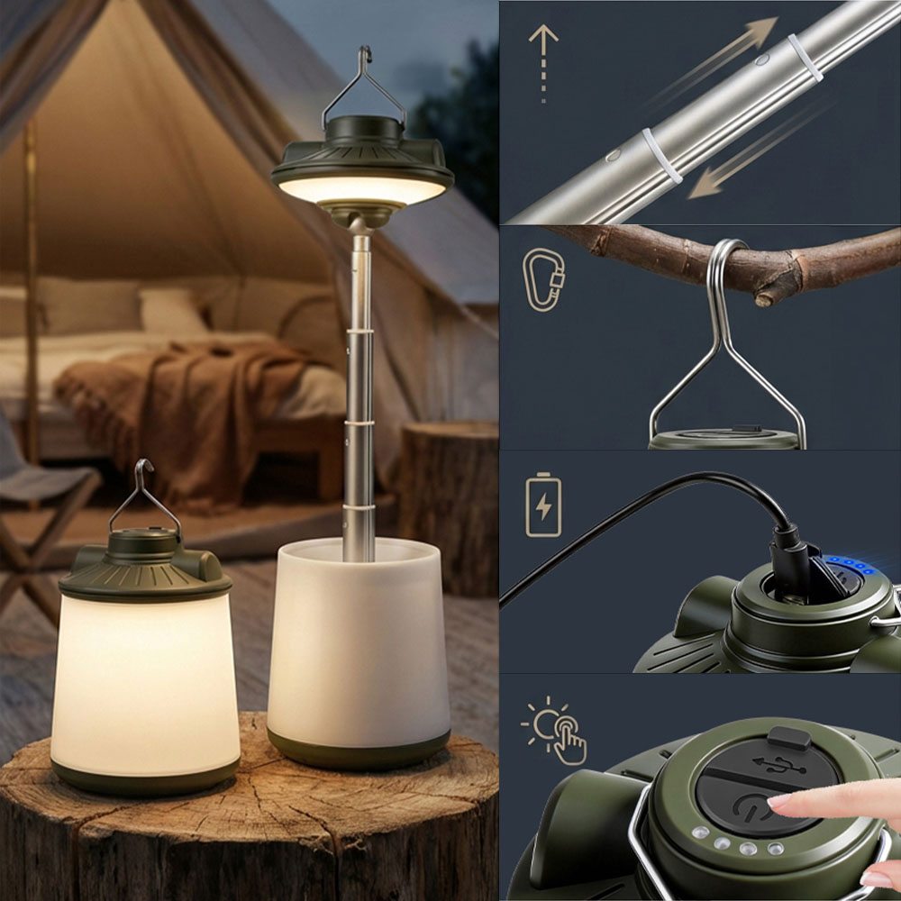 Zusammenklappbare Campinglaterne auf einem Holzstumpf, mit Einlegebildern, die Funktionen zeigen.