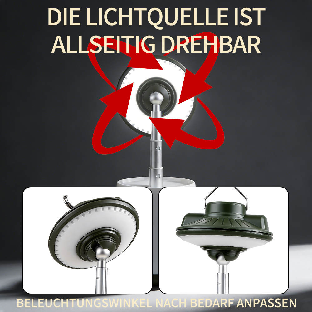 Eine drehbare Lichtquelle mit roten Pfeilen, die Bewegung anzeigen. Zwei kleinere Bilder zeigen verschiedene Winkel des Lichts.